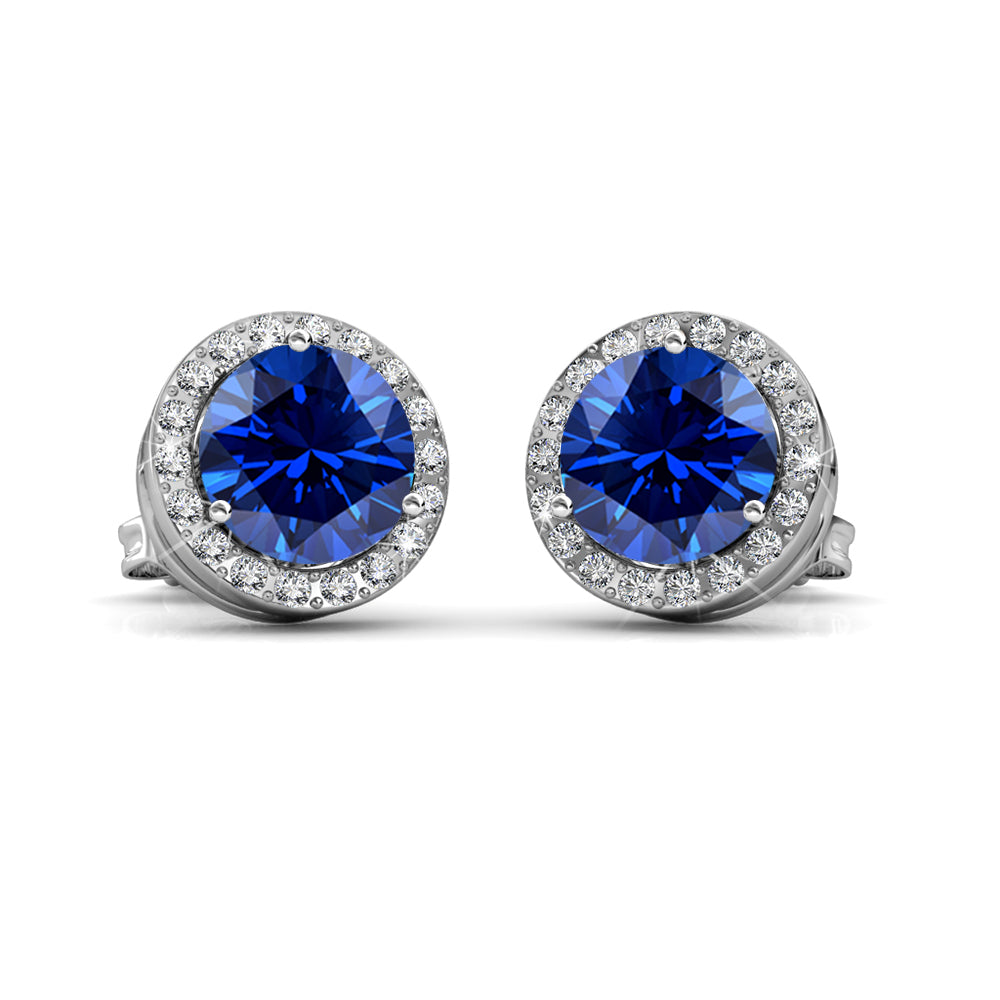Royal 18k White Gold Plated September Birthstone Halo Earrings with Round Cut Sapphire Swarovski Crystals