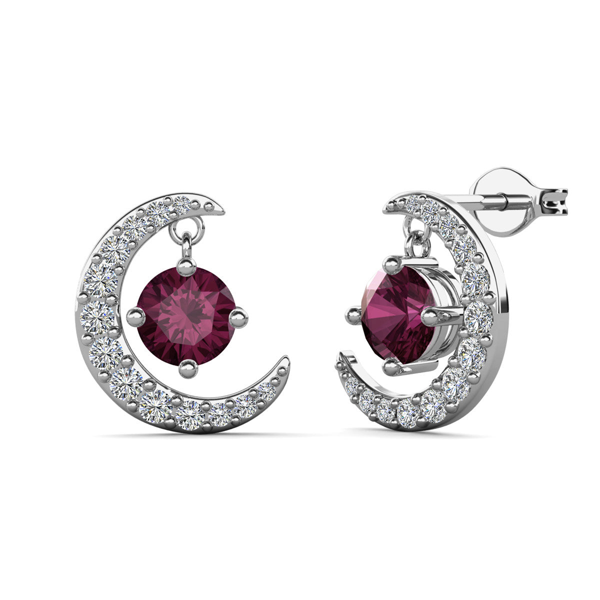 Luna February Birthstone Amethyst Earrings 18k White Gold Plated Crescent Stud Earrings with Round Cut Swarovski Crystals