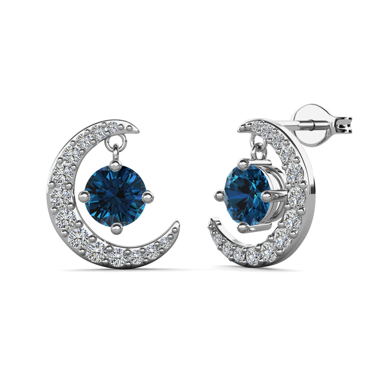 Luna December Birthstone Blue Topaz 18k White Gold Plated Crescent Stud Earrings with Round Cut Swarovski Crystals