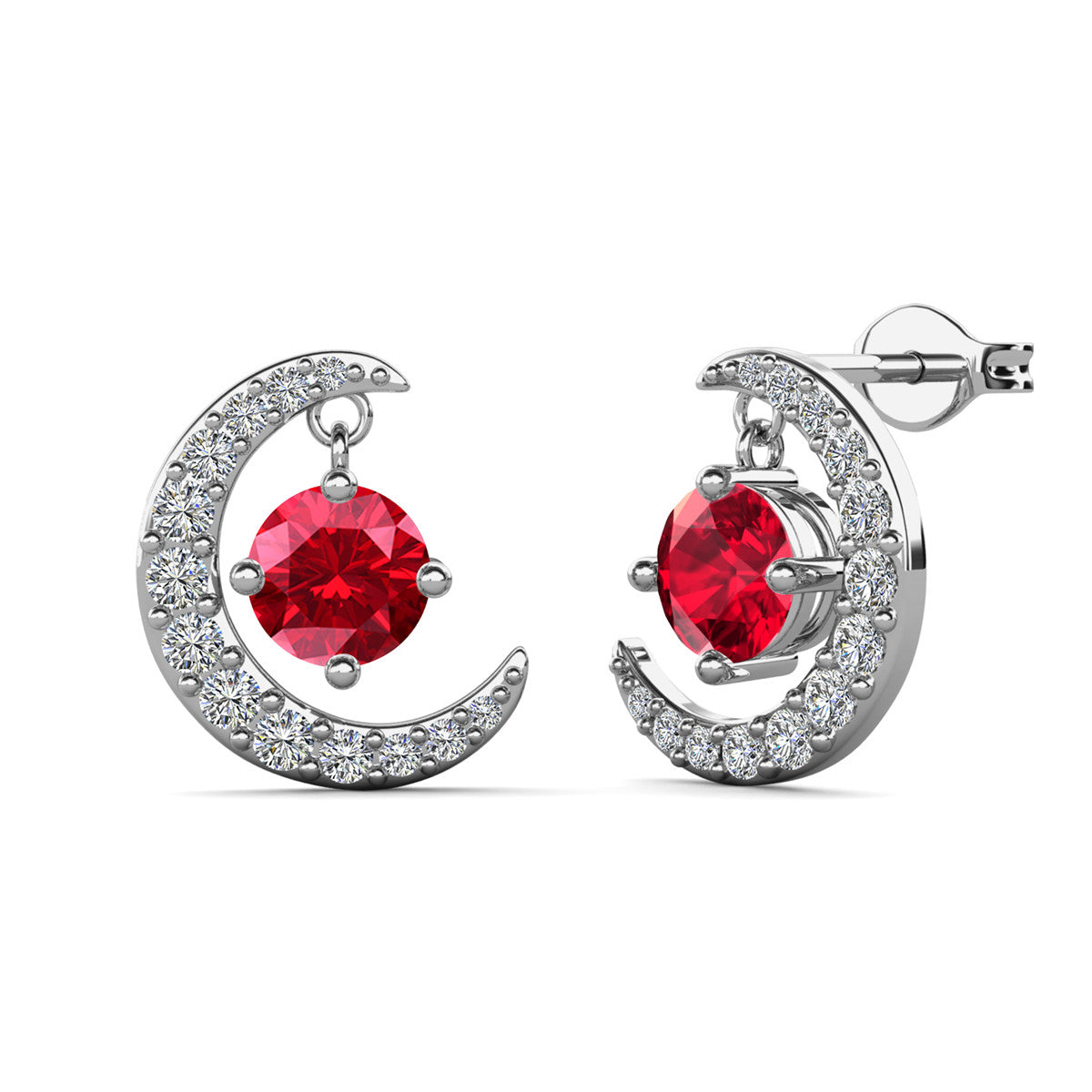 Luna July Birthstone Ruby Earrings 18k White Gold Plated Crescent Stud Earrings with Round Cut Swarovski Crystals