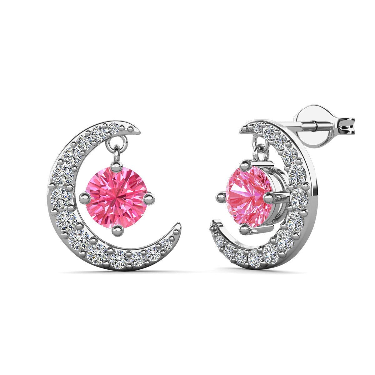 Luna October Birthstone Pink Tourmaline Earrings 18k White Gold Plated Crescent Stud Earrings with Round Cut Swarovski Crystals