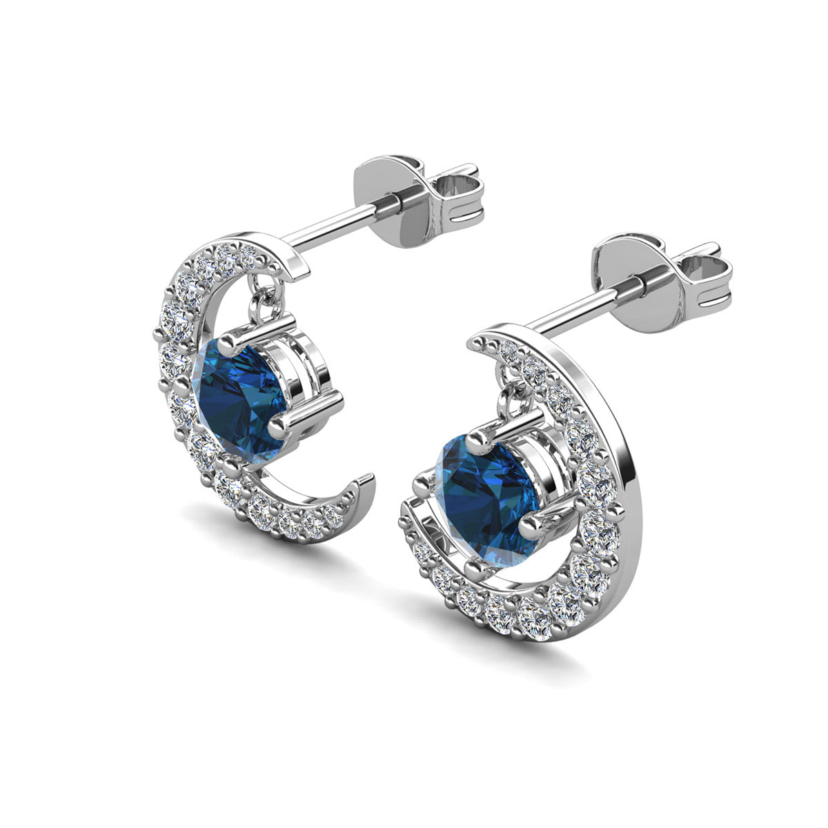 Luna December Birthstone Blue Topaz 18k White Gold Plated Crescent Stud Earrings with Round Cut Swarovski Crystals