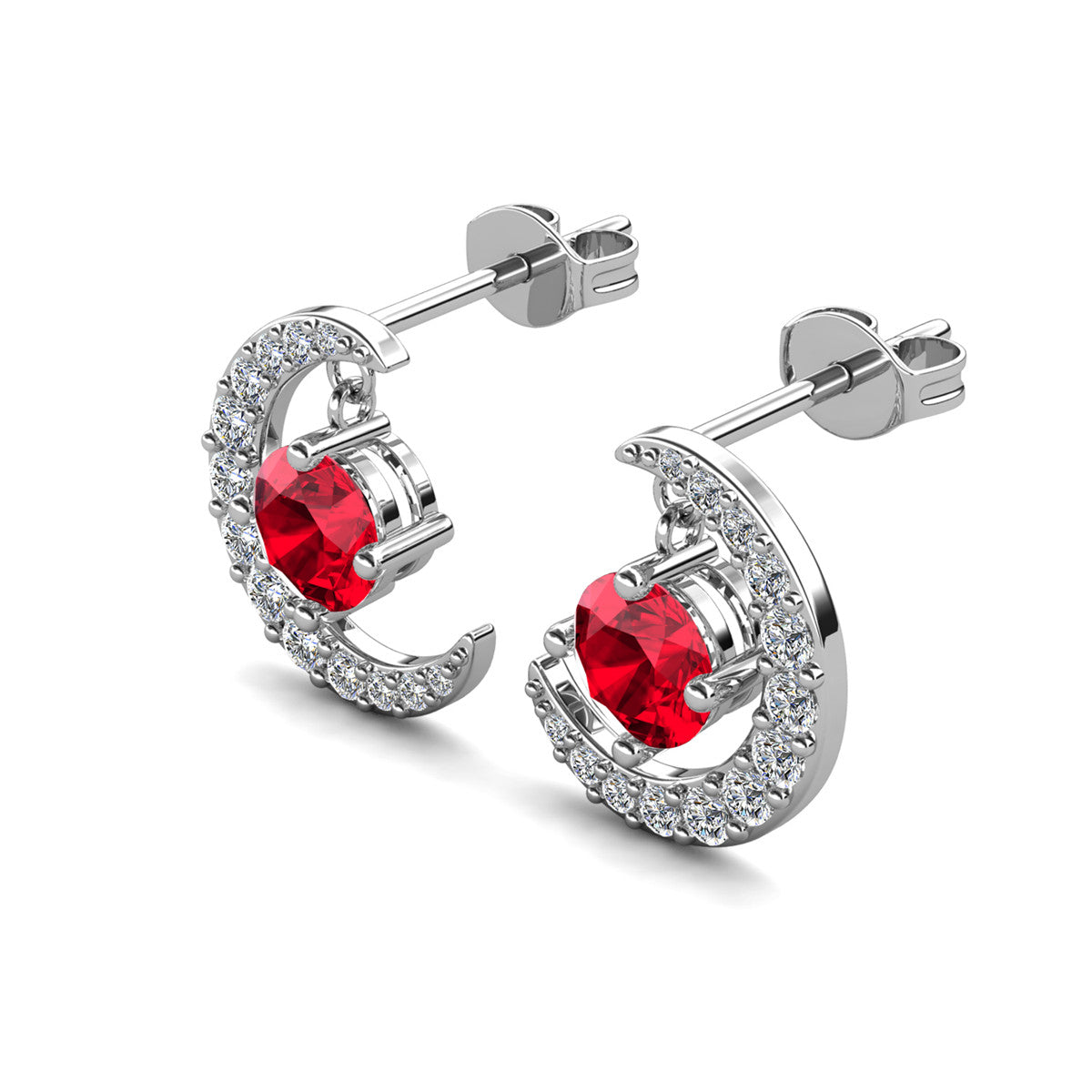 Luna July Birthstone Ruby Earrings 18k White Gold Plated Crescent Stud Earrings with Round Cut Swarovski Crystals