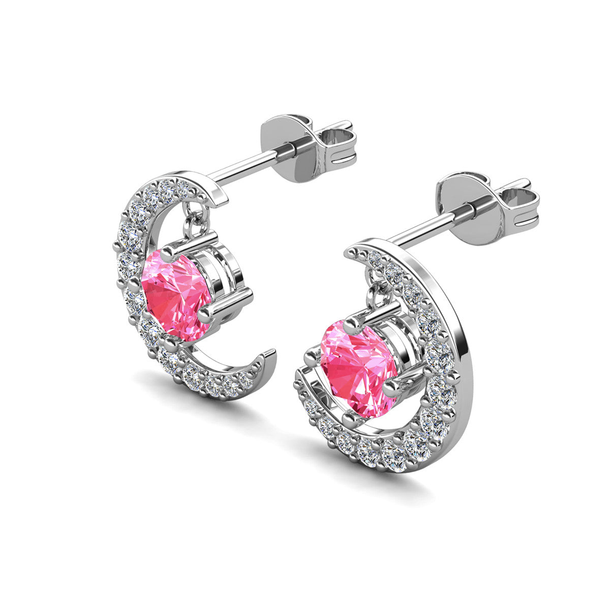 Luna October Birthstone Pink Tourmaline Earrings 18k White Gold Plated Crescent Stud Earrings with Round Cut Swarovski Crystals