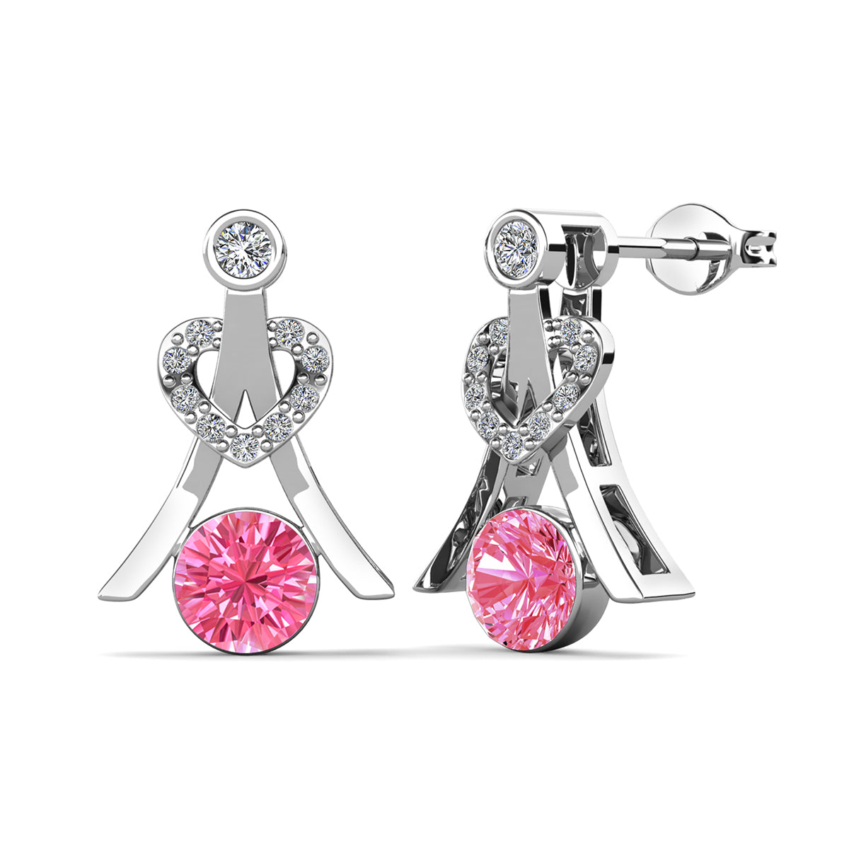Serenity October Birthstone Pink Tourmaline Earrings 18k White Gold Plated Silver Earrings with Round Cut Swarovski Crystals