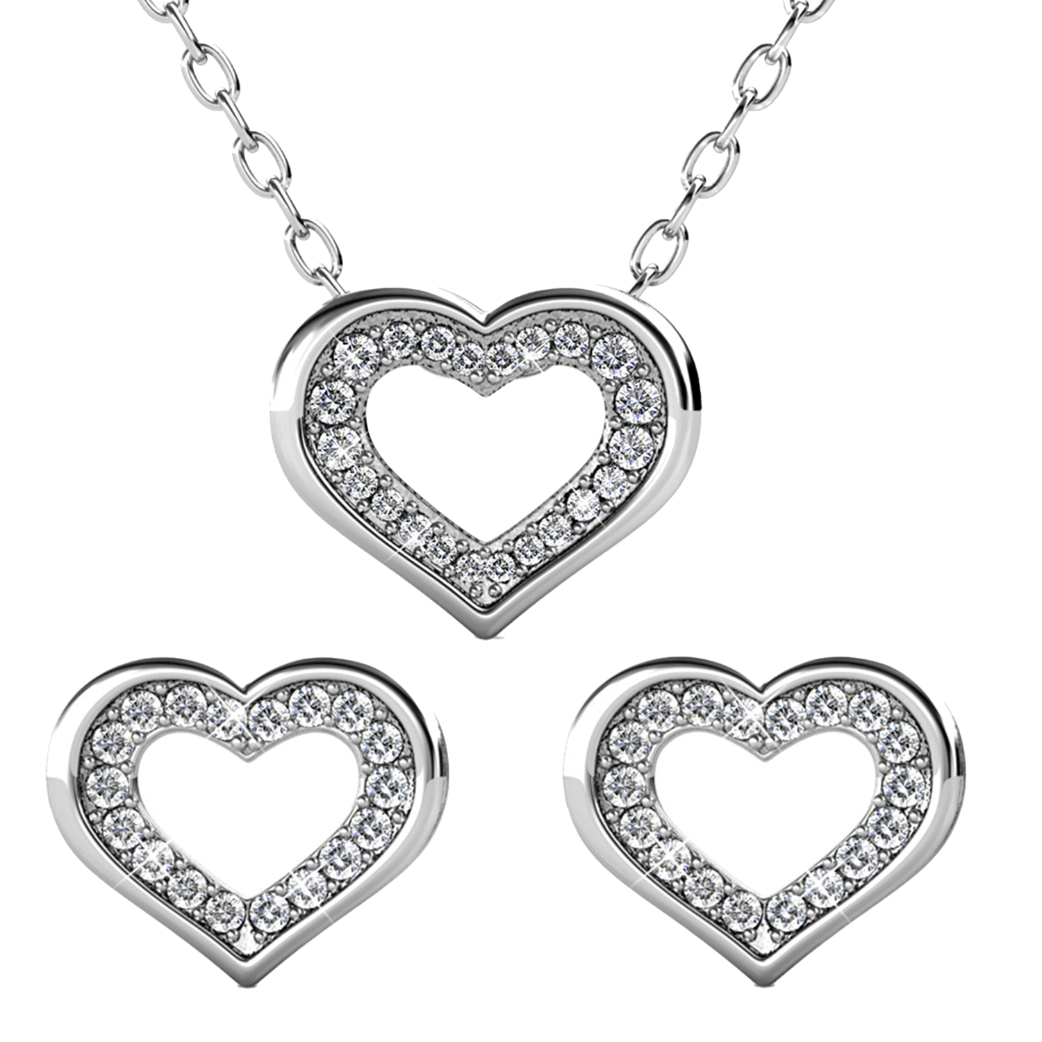 Dominique 18k White Gold Plated Silver Heart Necklace and Earring Set with Swarovski Crystals