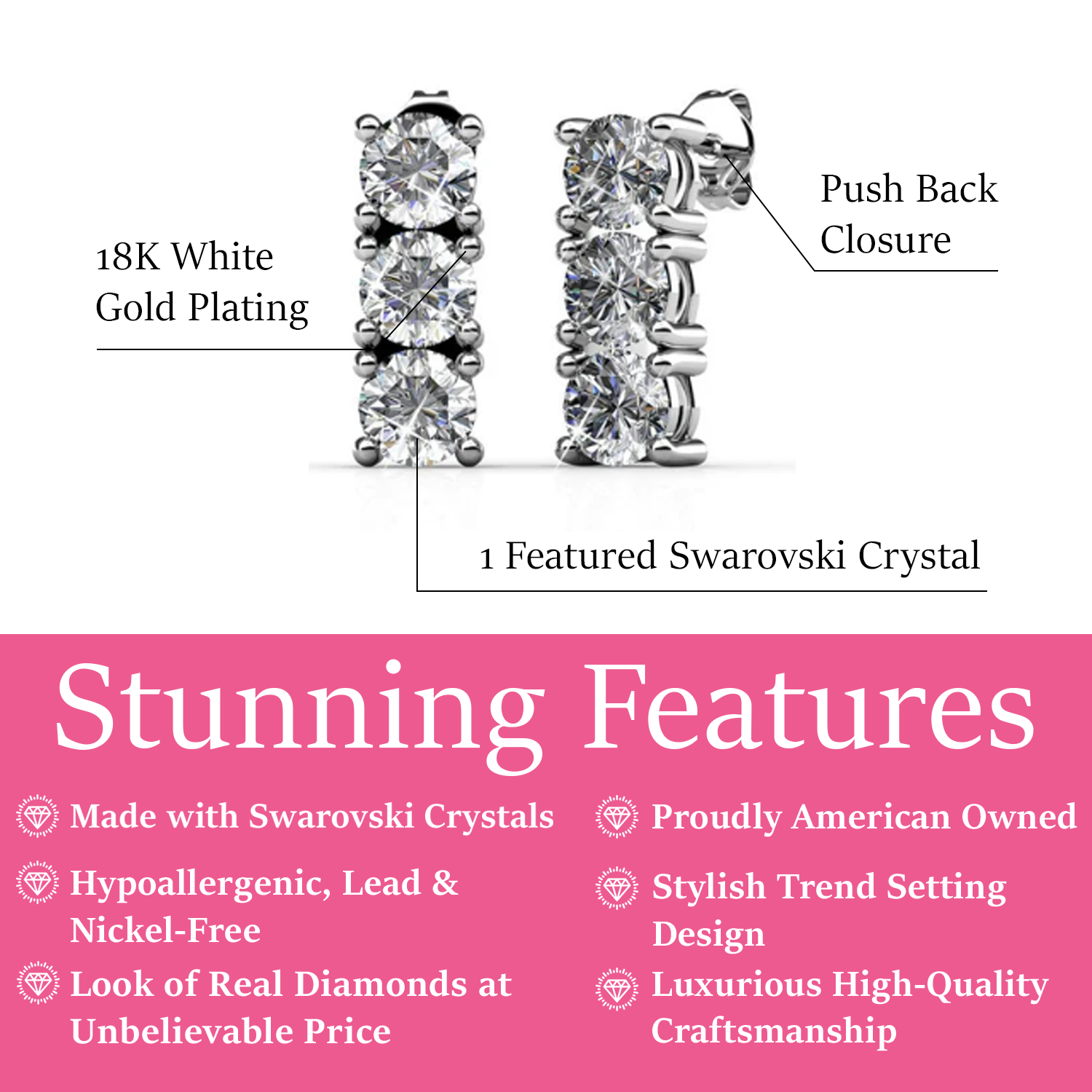 Eliana 18k White Gold Plated Stud Earrings with Swarovski Crystals