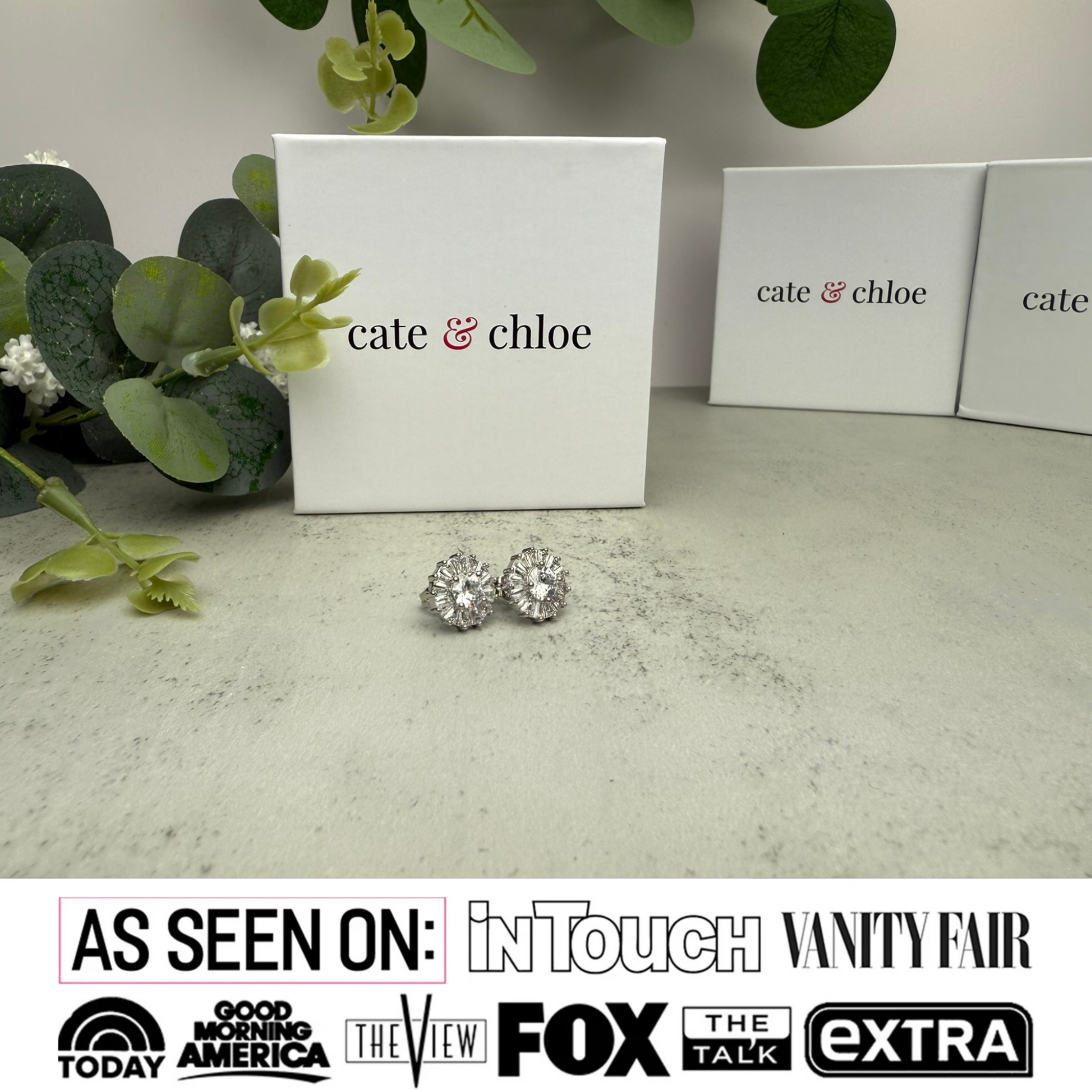 Ellee 18k White Gold Plated Stud Earrings with Simulated Diamond Crystals