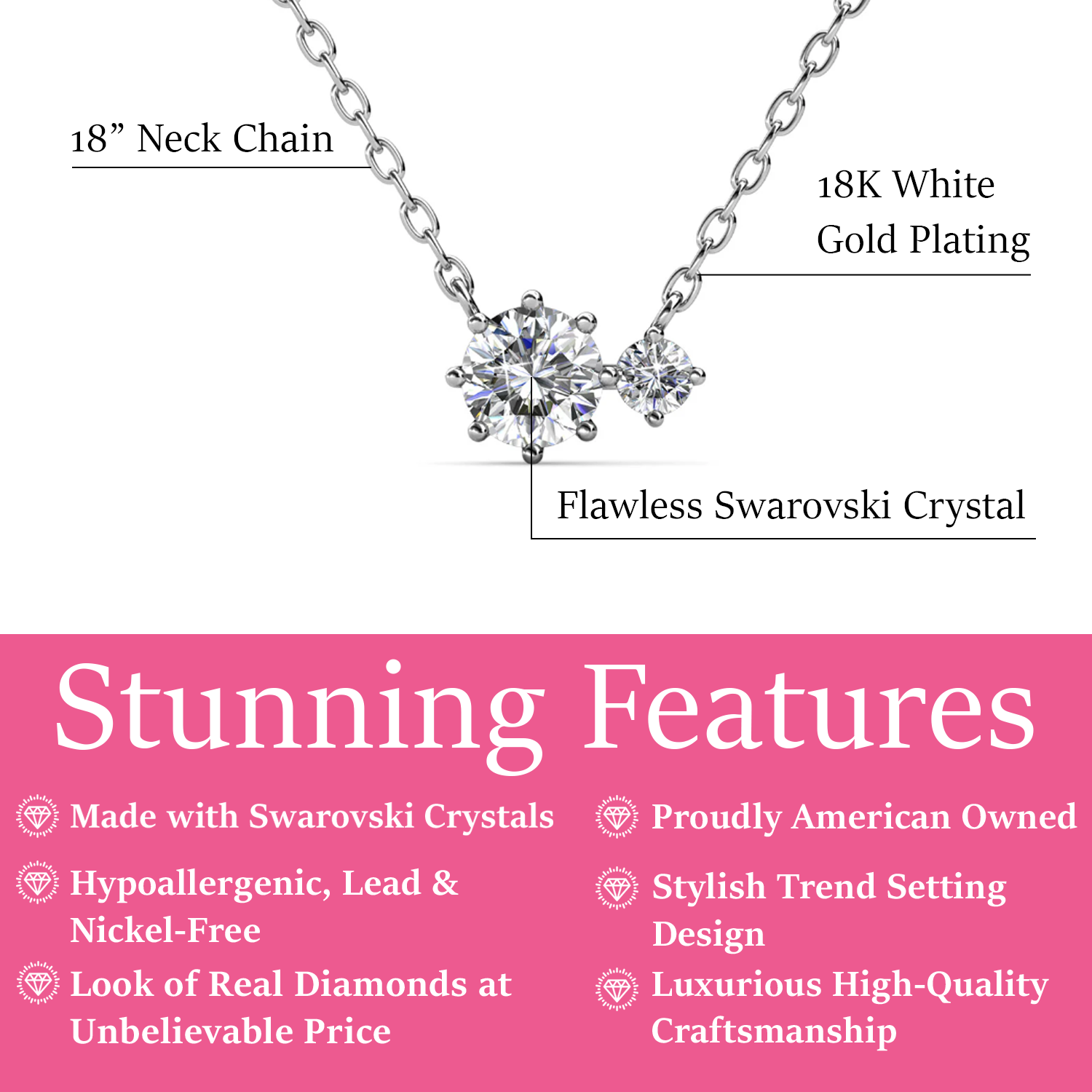 Emma 18k White Gold Plated 2-Stone Pendant Necklace with  Swarovski Crystals