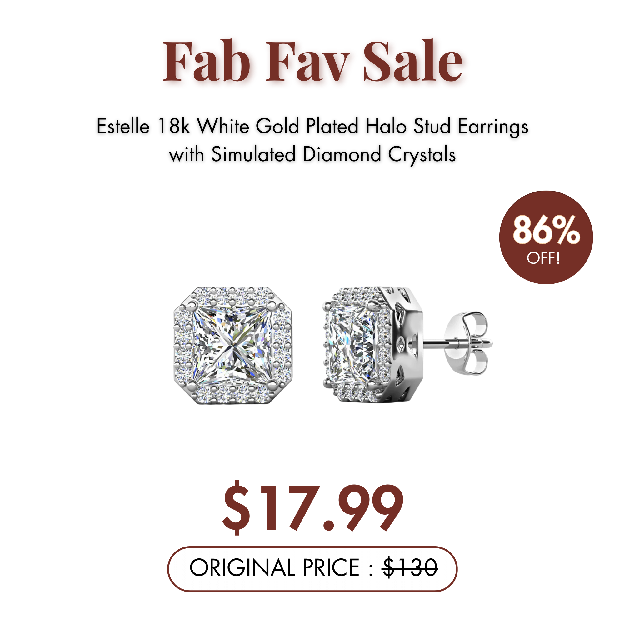 Estelle 18k White Gold Plated Halo Stud Earrings with Simulated Diamond Crystals   — Fab Fav Sale