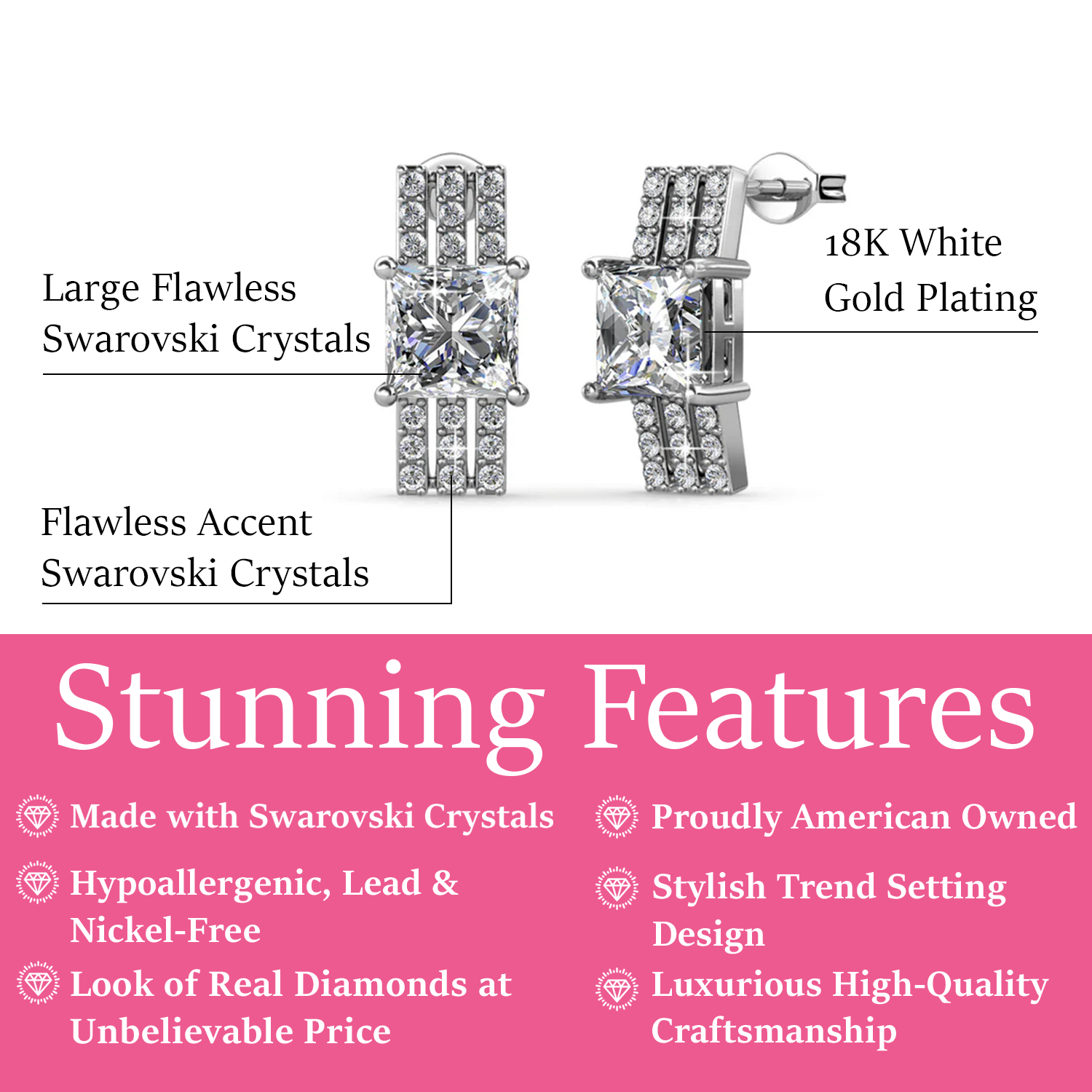 Fiona 18k White Gold Stud Plated Earrings with Princess Cut Swarovski Crystals