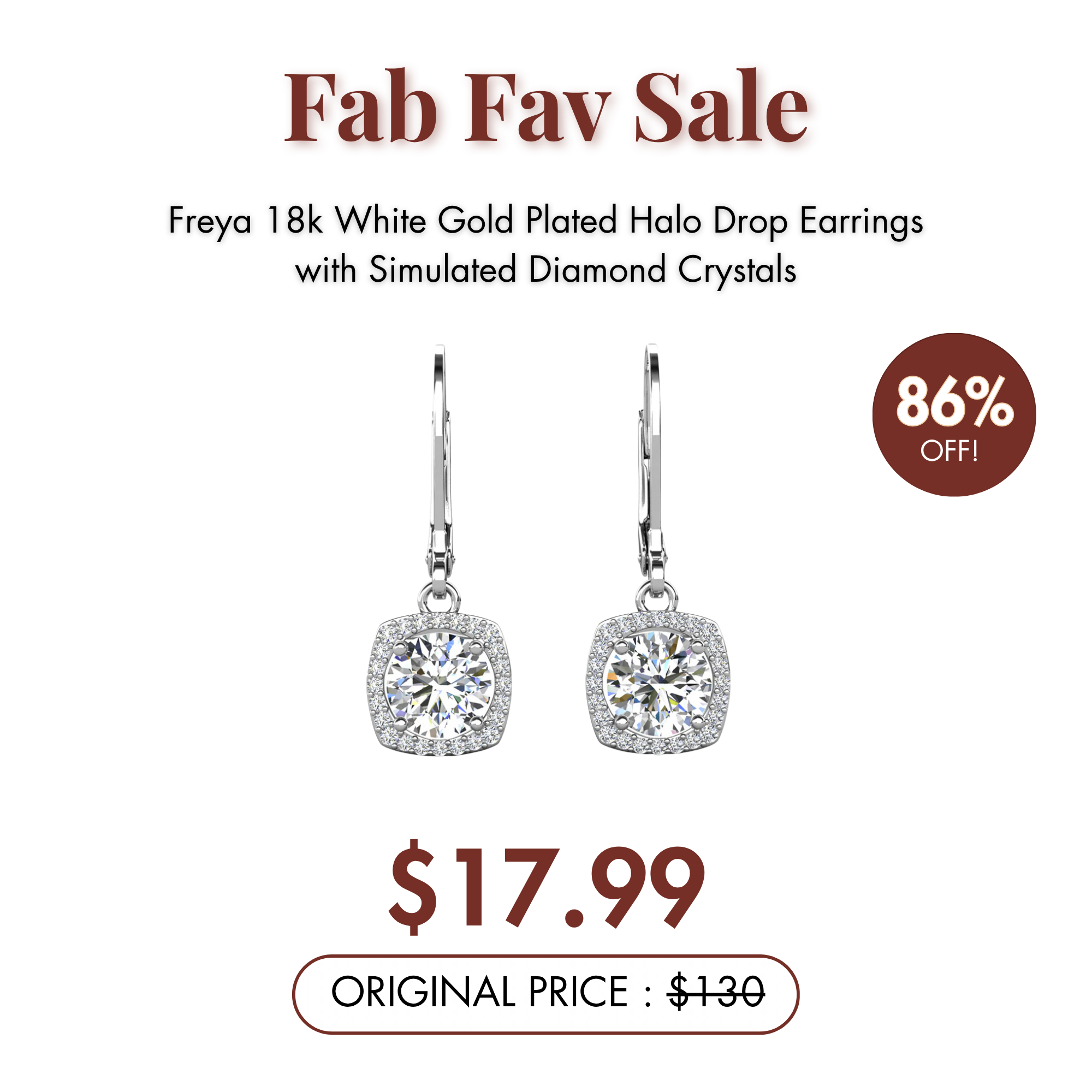 Freya 18k White Gold Plated Halo Drop Earrings with Simulated Diamond Crystals  — Fab Fav Sale