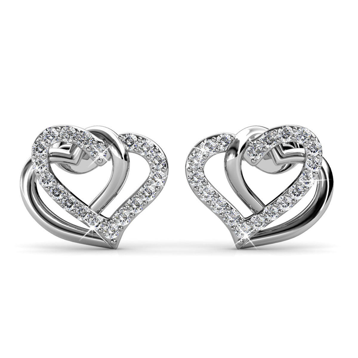 Angela 18k White Gold Plated Silver Double Heart Stud Earrings with Swarovski Crystals  — Fab Fav Sale