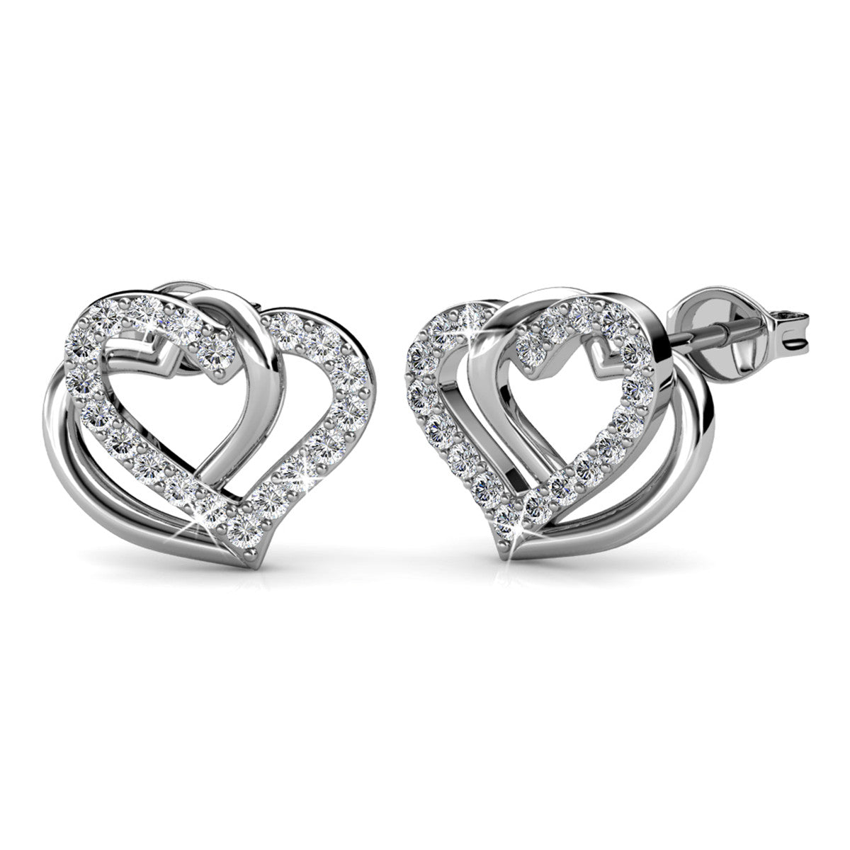 Angela 18k White Gold Plated Silver Double Heart Stud Earrings with Swarovski Crystals  — Fab Fav Sale