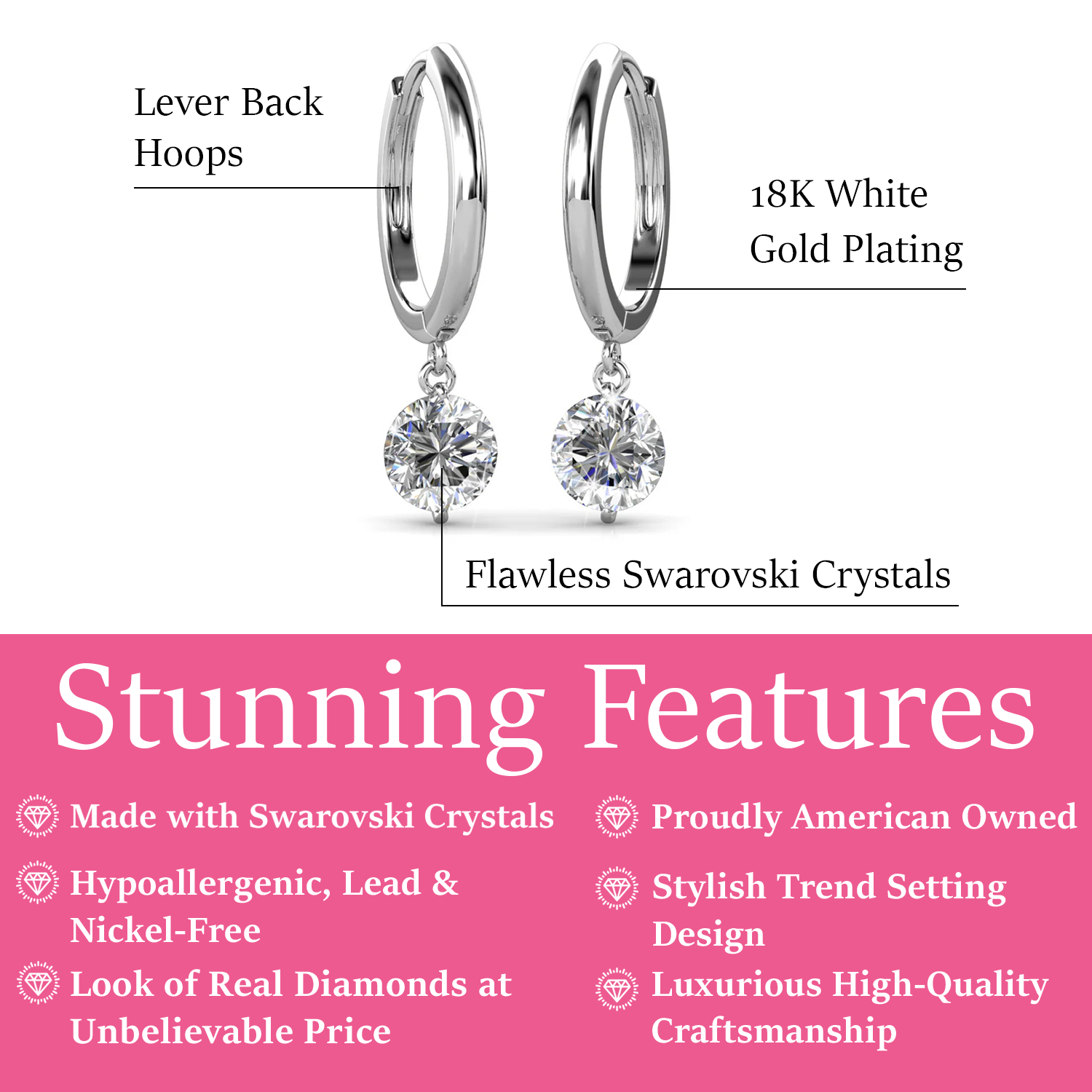 Georgia 18k White Gold Plated 14mm Hoop Dangle Earrings with Swarovski Crystals