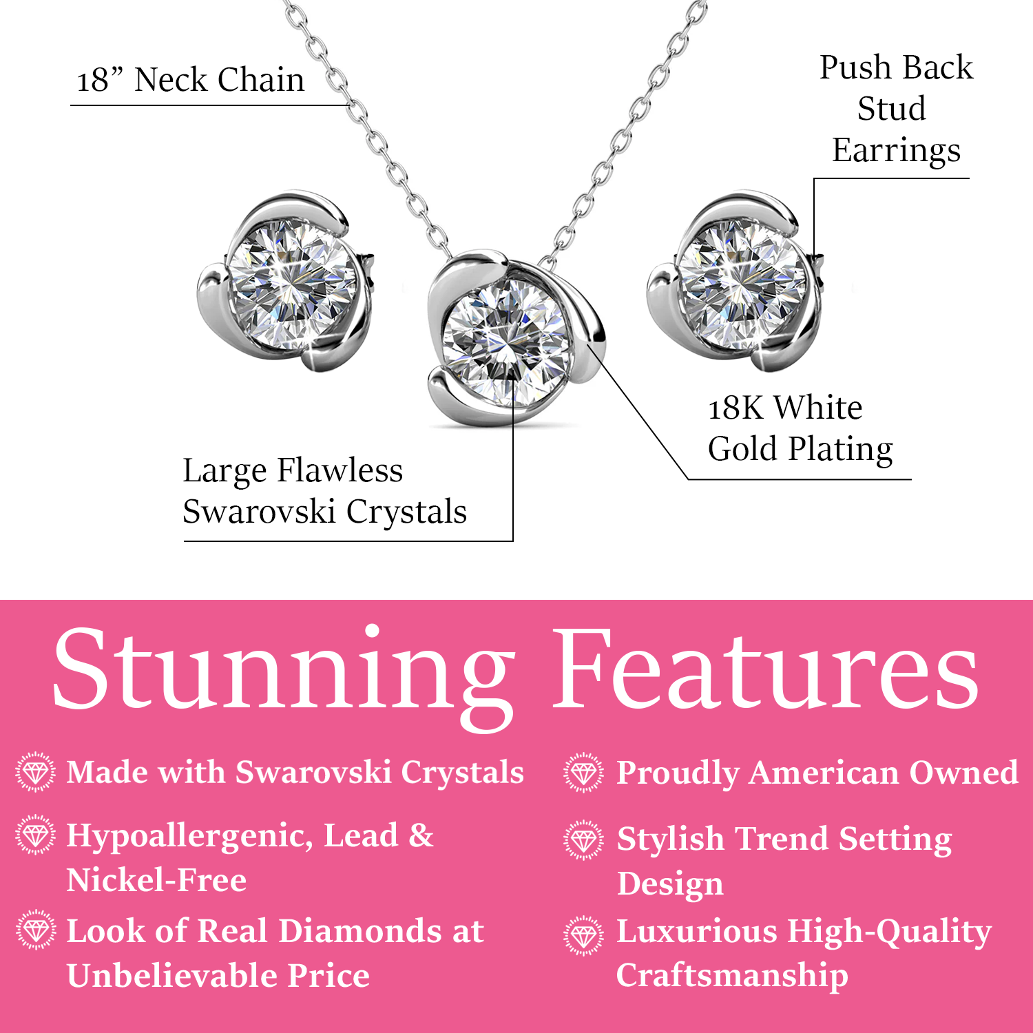 Harmony 18k White Gold Necklace and Stud Earrings Jewelry Set with Swarovski Crystals