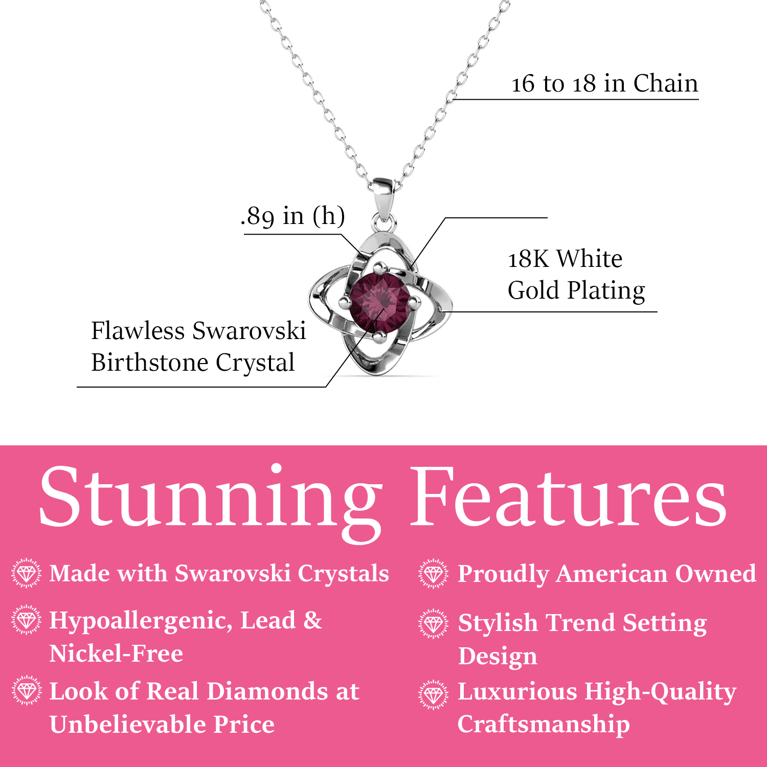 Infinity Birthstone Necklace with Swarovski Crystal Flower Design in 18k White Gold Plating