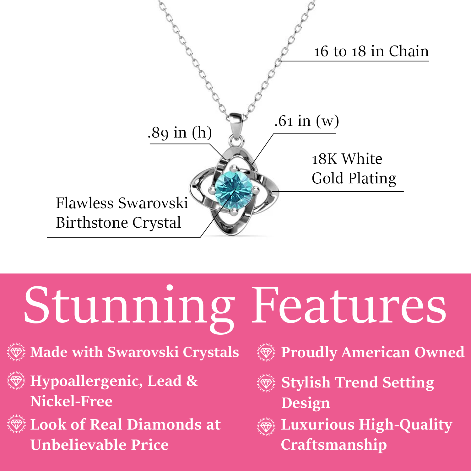 Infinity March Birthstone Necklace featuring Aquamarine Swarovski Crystal in 18k White Gold Plated Silver