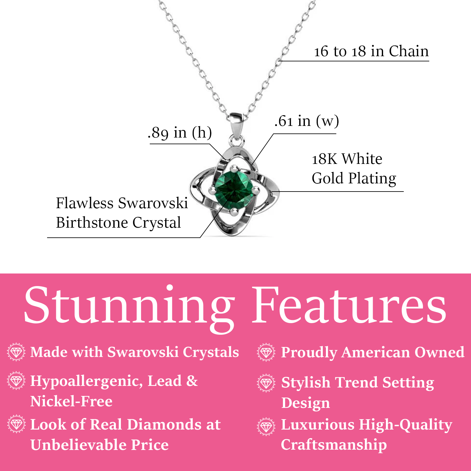 Infinity May Birthstone Necklace with Emerald Swarovski Crystal in 18k White Gold Plated Silver