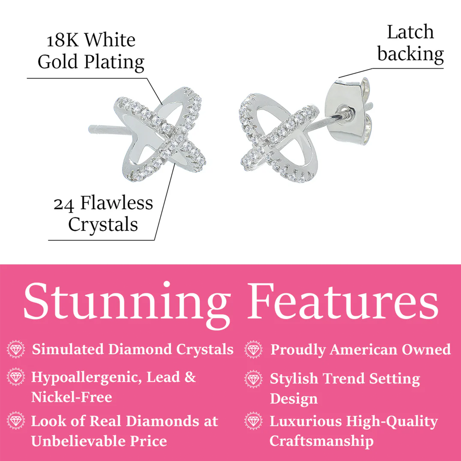 Paige 18k White Gold Plated X-Ring Stud Earrings with Simulated Diamond Crystals