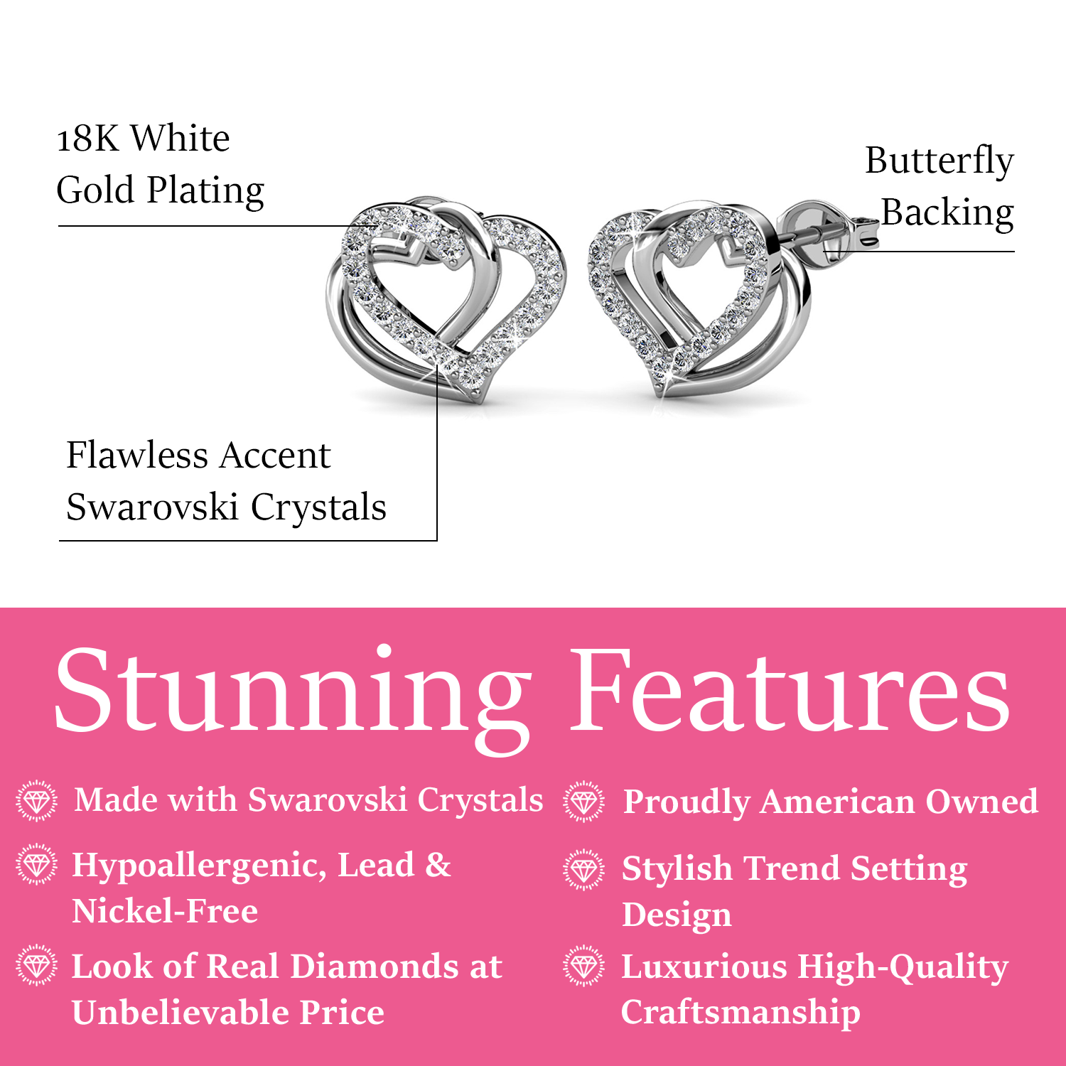 Angela 18k White Gold Plated Silver Double Heart Stud Earrings with Swarovski Crystals  — Fab Fav Sale