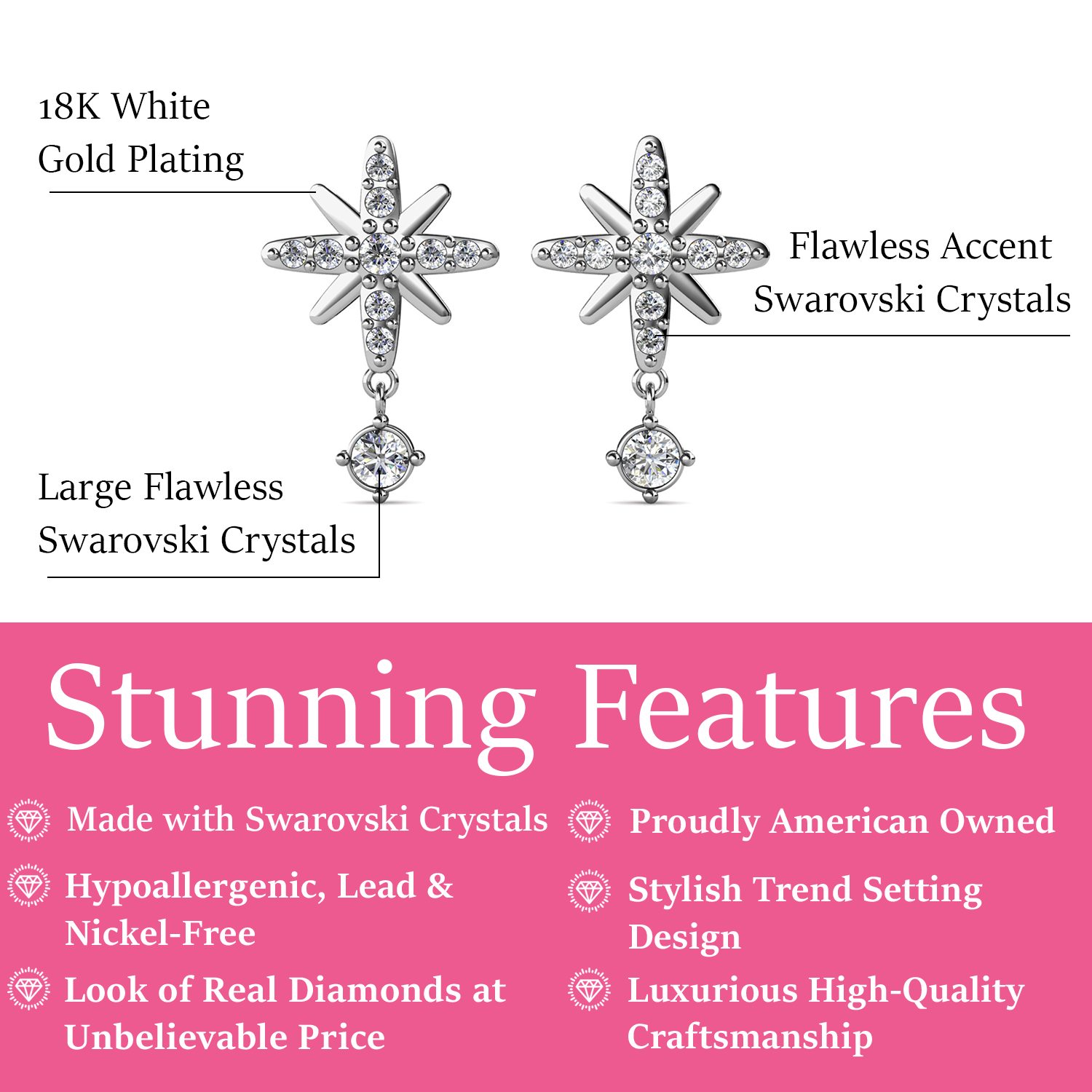 Harlow 18k White Gold Plated Silver Stud Drop Earrings with Swarovski Crystals