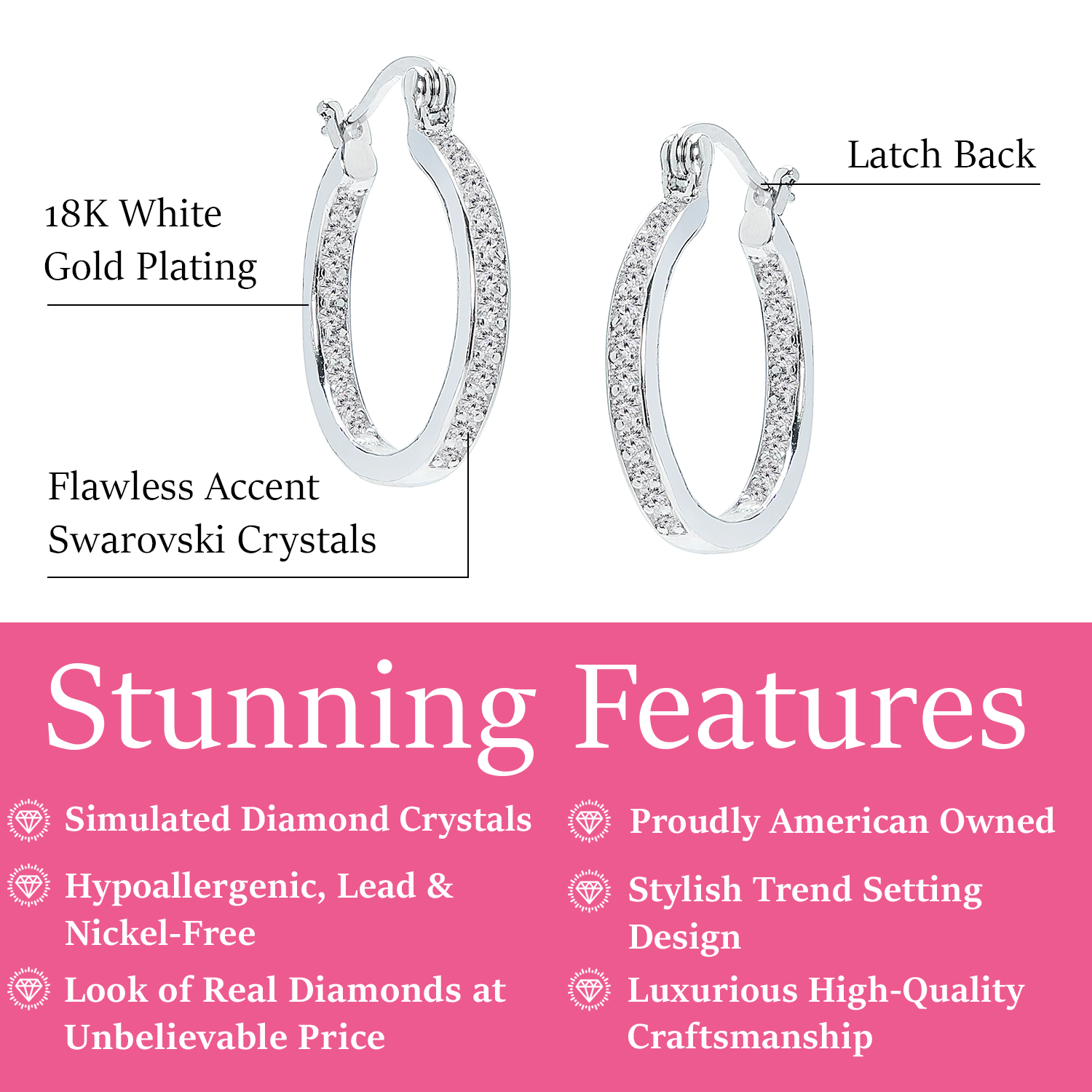 Margot 18k White Gold Plated 24mm Hoop Earrings with Simulated Diamond Crystals