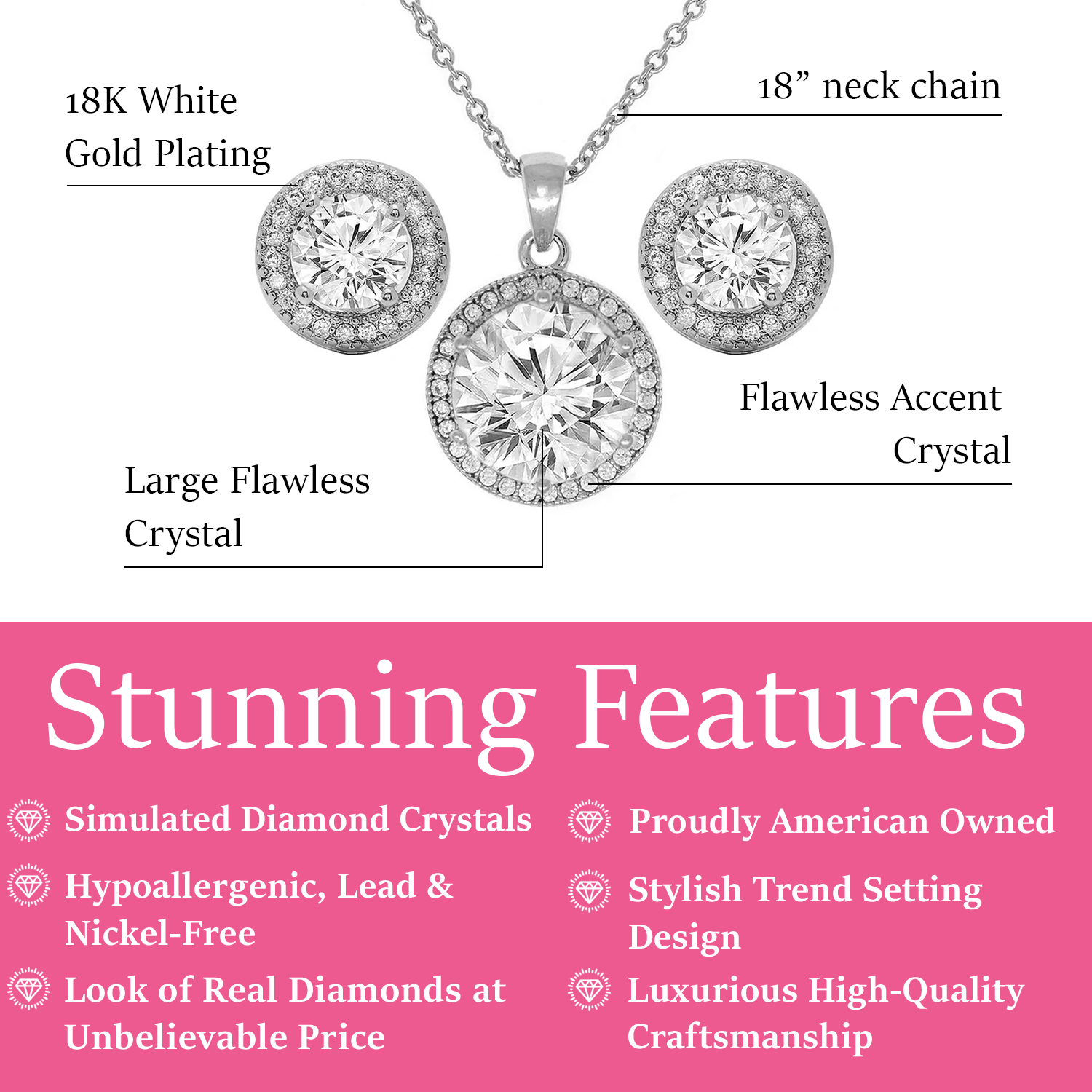 Mariah 18k White Gold Plated Halo Stud Earring and Necklace Jewelry Set with Simulated Diamond Crystals