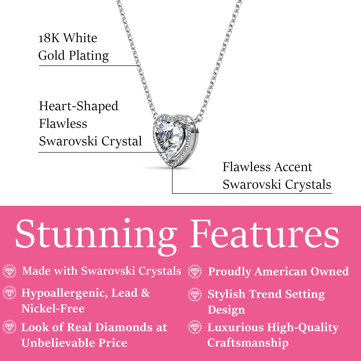 Tara 18k White Gold Plated Halo Heart Pendant Necklace with Swarovski Crystals