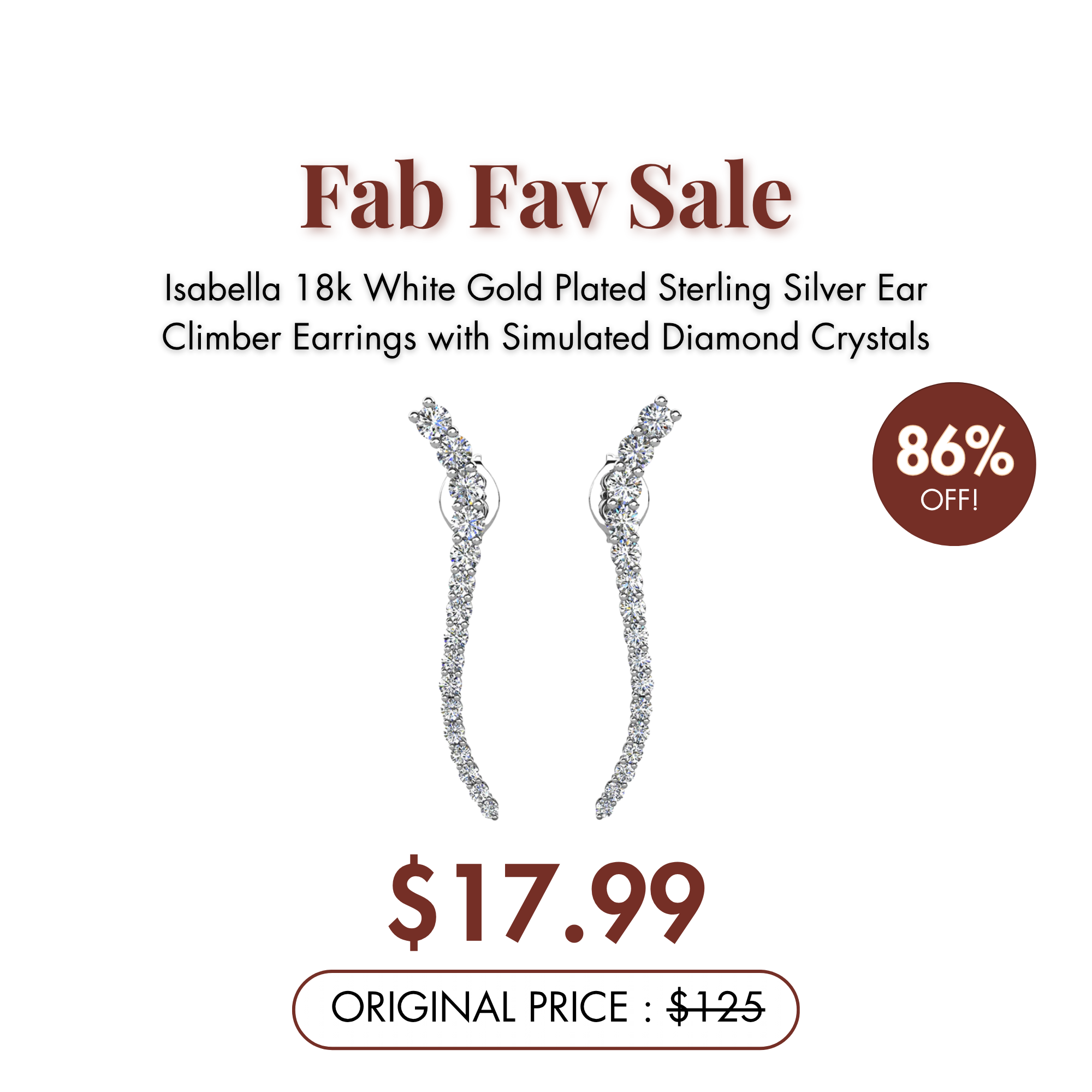 Isabella 18k White Gold Plated Sterling Silver Ear Climber Earrings with Simulated Diamond Crystals — Fab Fav Sale