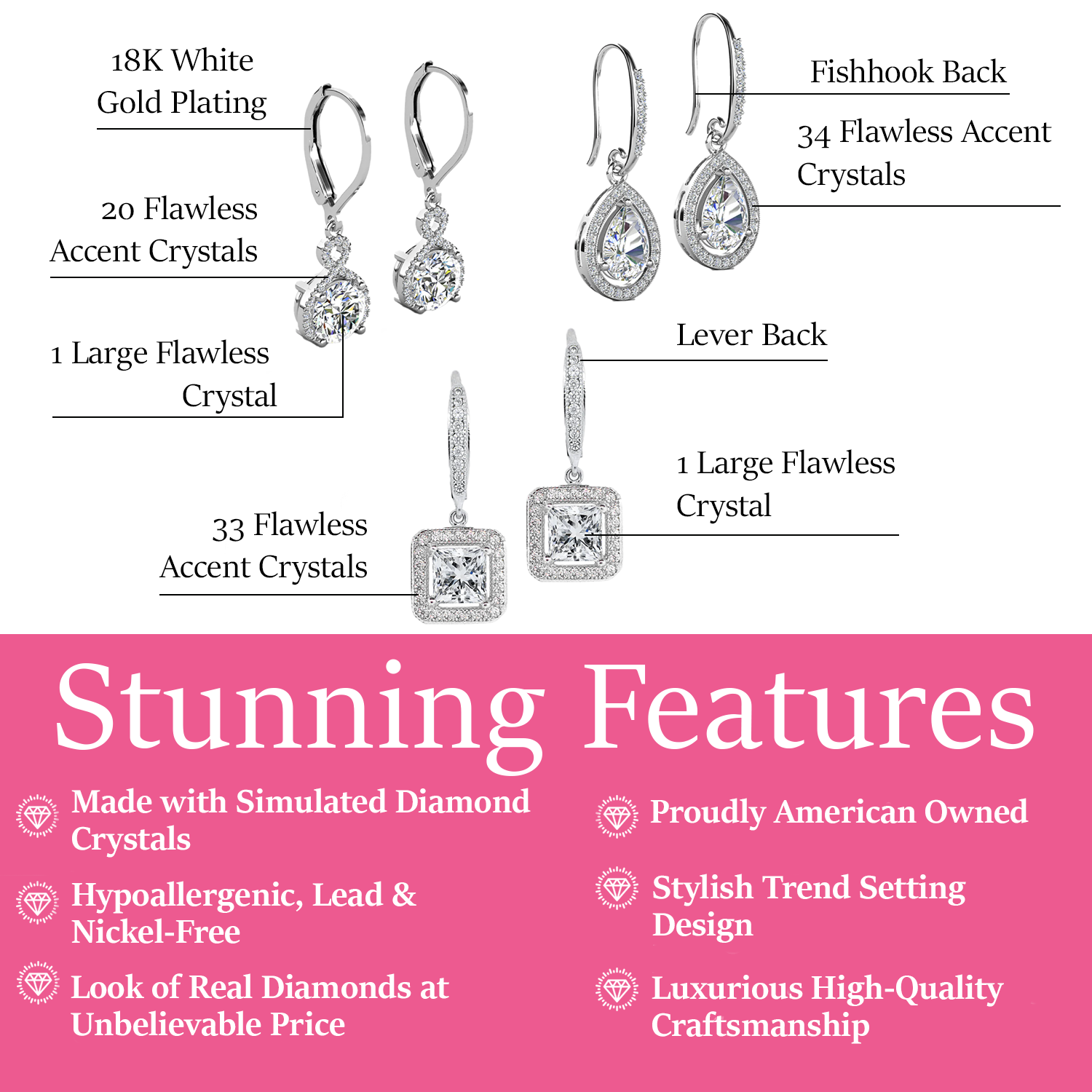 Pack of 3 - Ivy, Alessandra, Isabel Drop Dangle White Gold Plated Earrings for Women