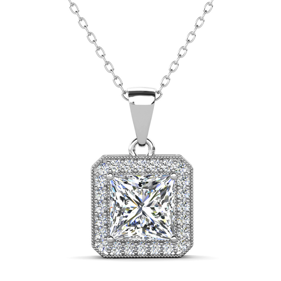 Ivy 18k White Gold Plated Halo Pendant Necklace with Simulated Diamond Crystals