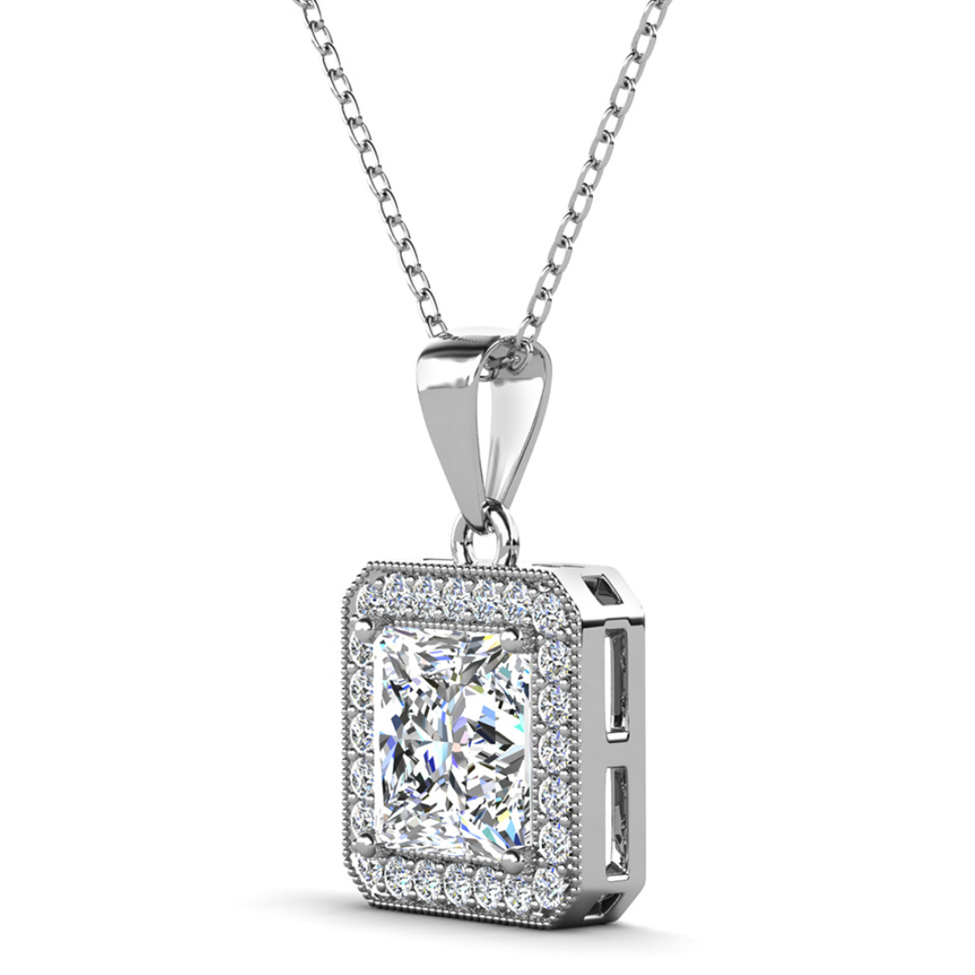 Ivy 18k White Gold Plated Halo Pendant Necklace with Simulated Diamond Crystals