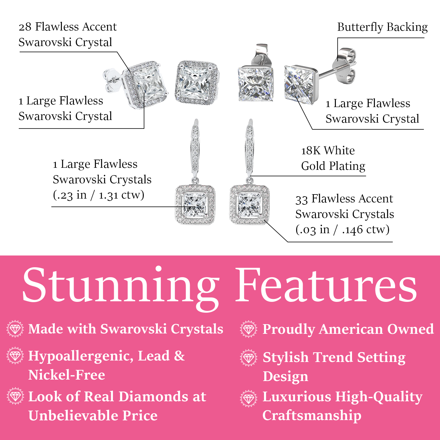 Norah, Ivy, Brooke 18k White Gold Plated Earrings for Women (3 Pair Set)