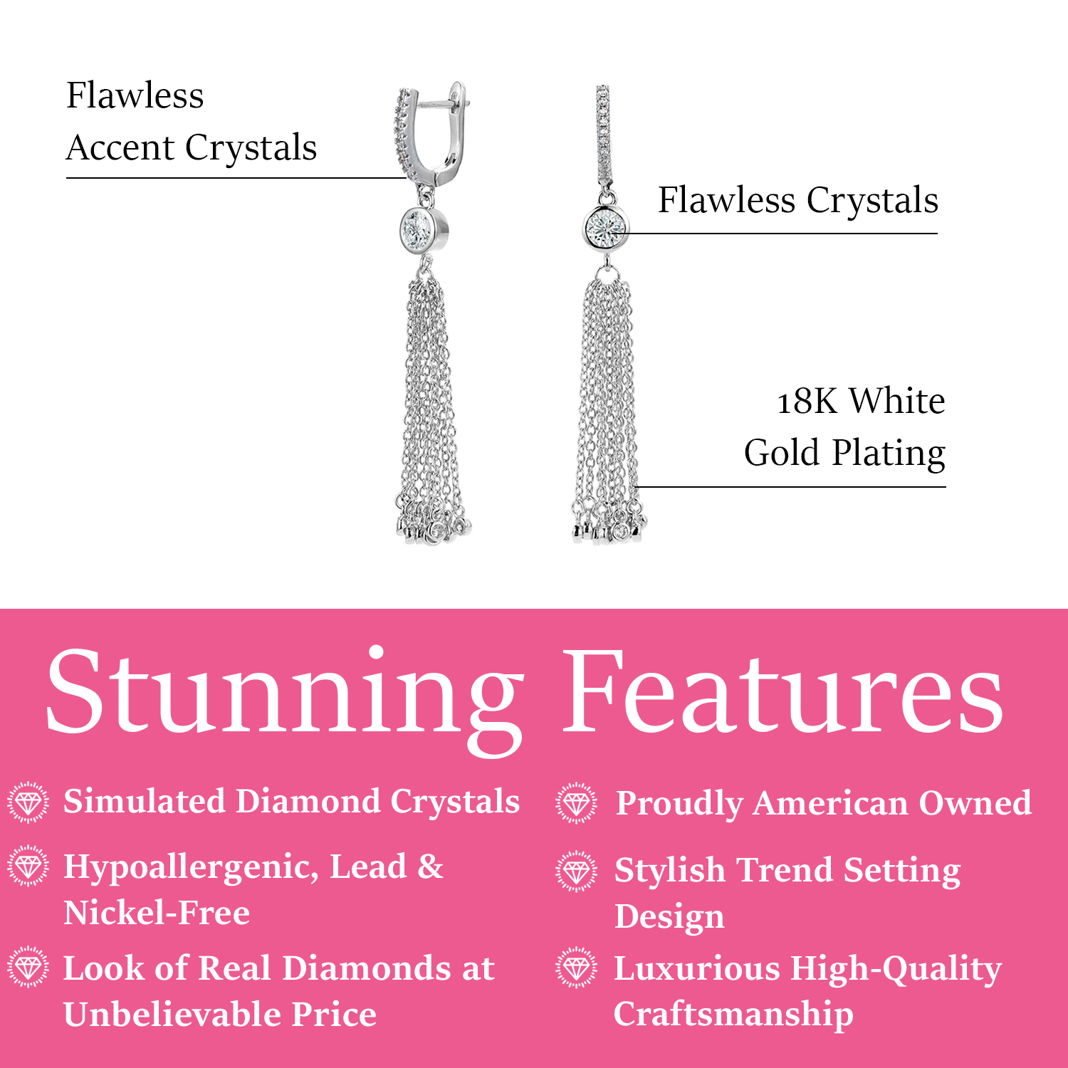 Jackie 18k White Gold Plated Dangle Tassel Earrings with Simulated Diamond Crystals