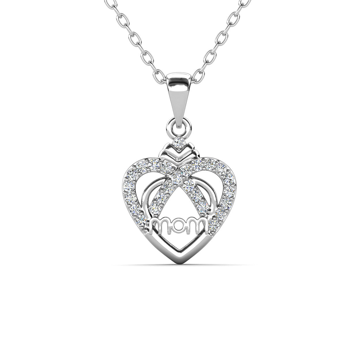Jenna 18k White Gold Plated Mom Heart Necklace with Simulated Diamond Crystals