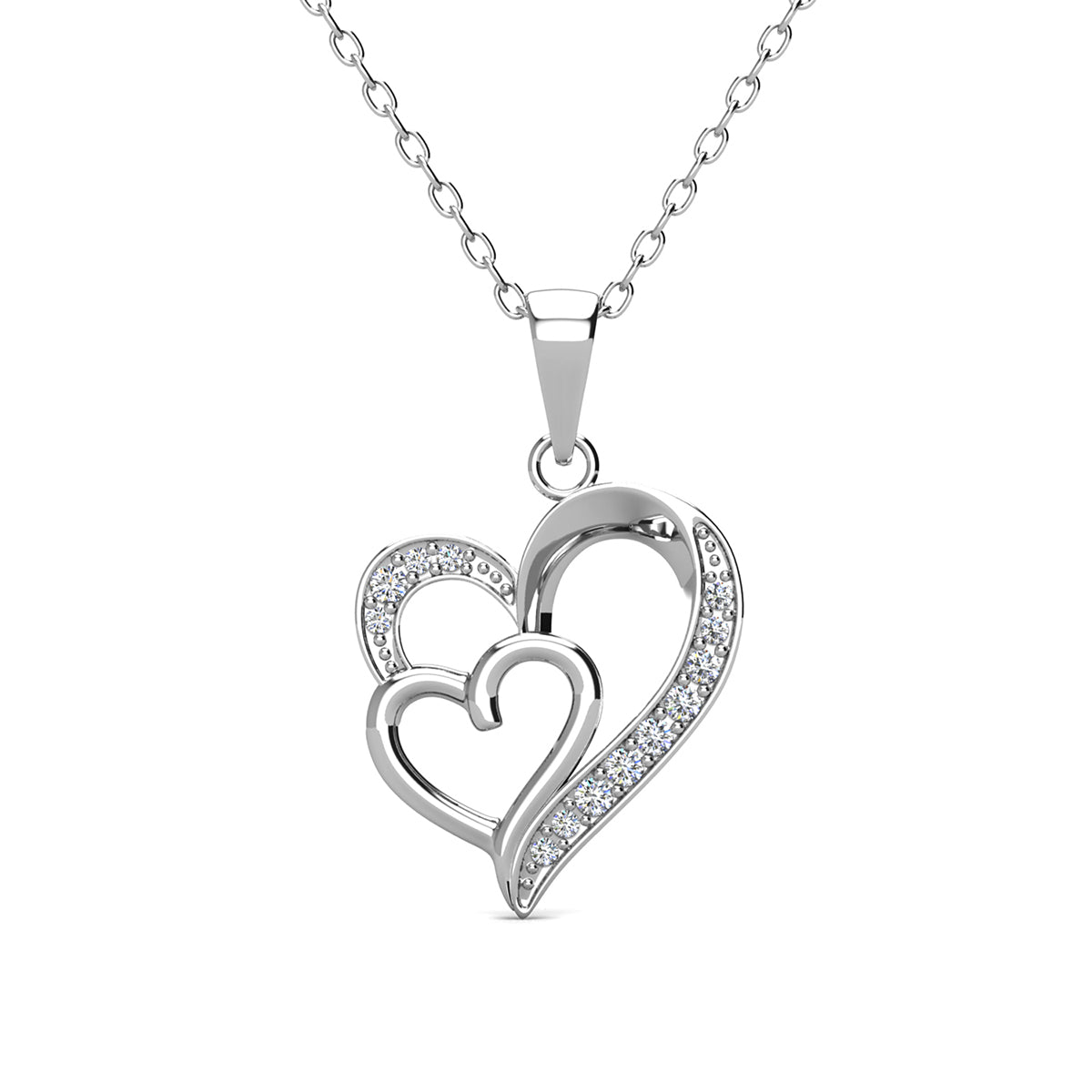 Jennifer 18k White Gold Plated Double Heart Necklace with Swarovski Crystals