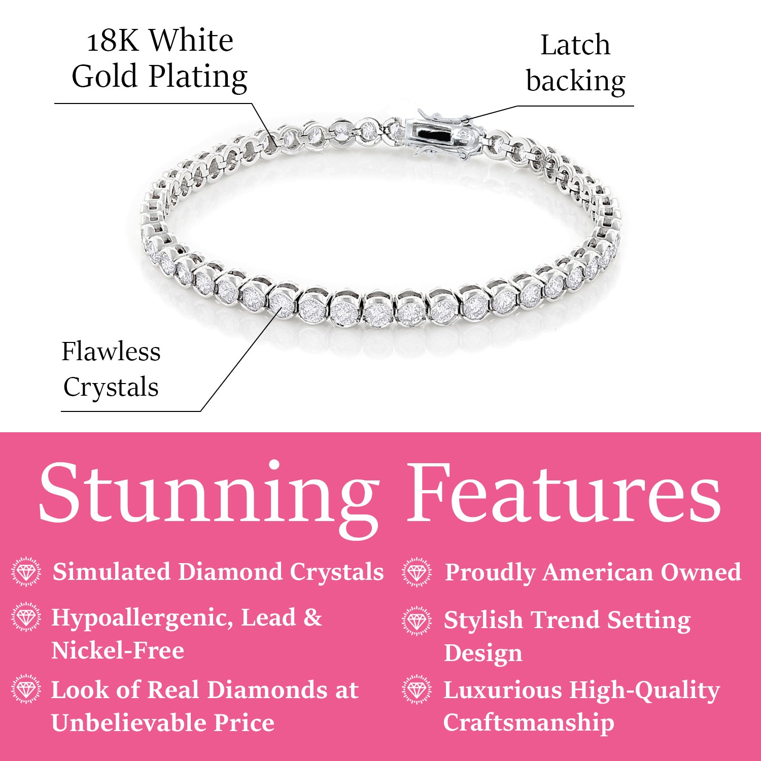 Joelle 18k White Gold Plated Tennis Bracelet with Simulated Diamond Crystals
