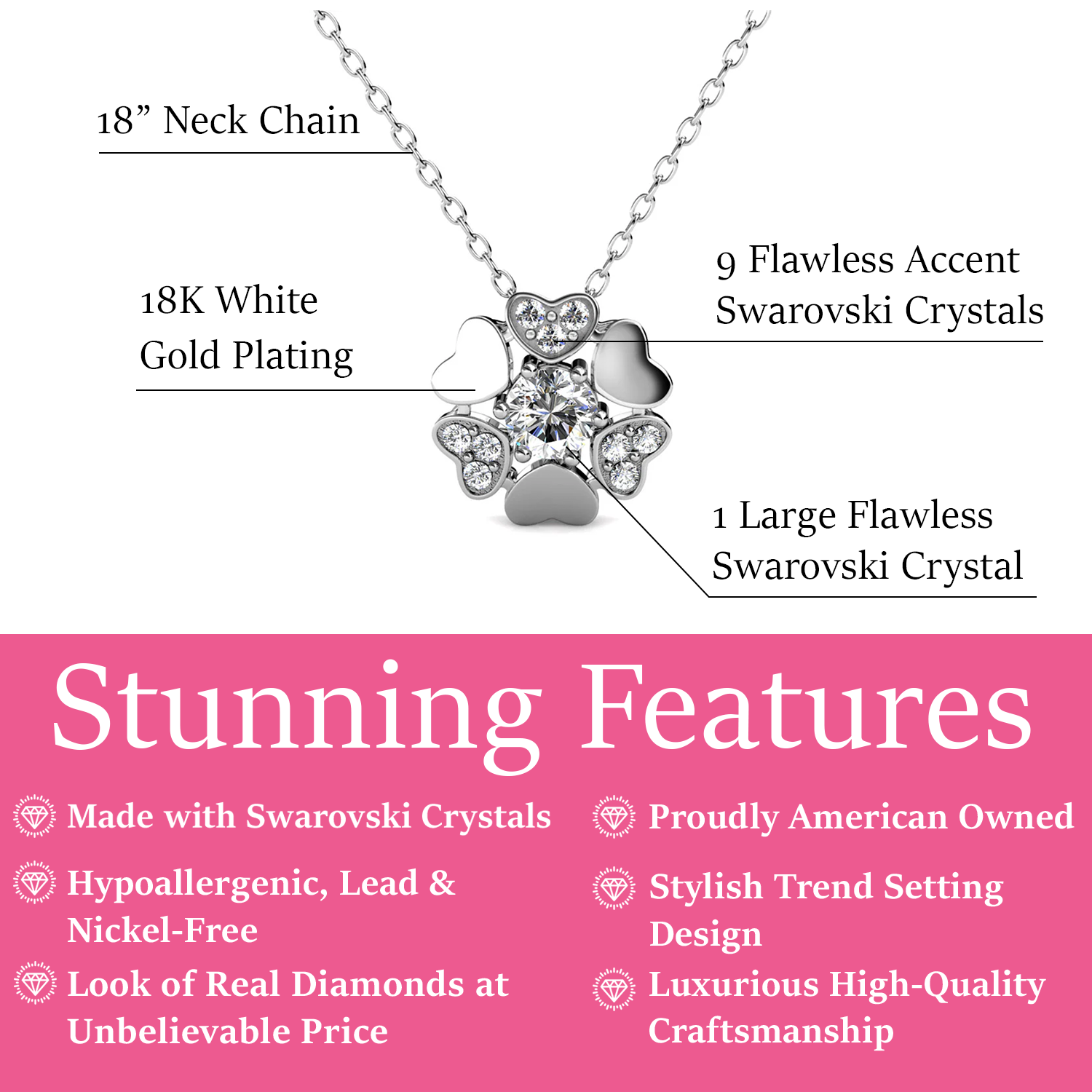 Khloe 18k White Gold Heart Pendant Necklace with Round Cut Swarovski Crystals