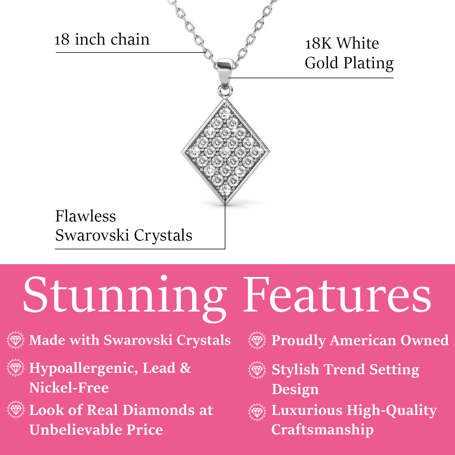Lennon 18k White Gold Diamond Shaped Pendant Necklace with Swarovski Crystals
