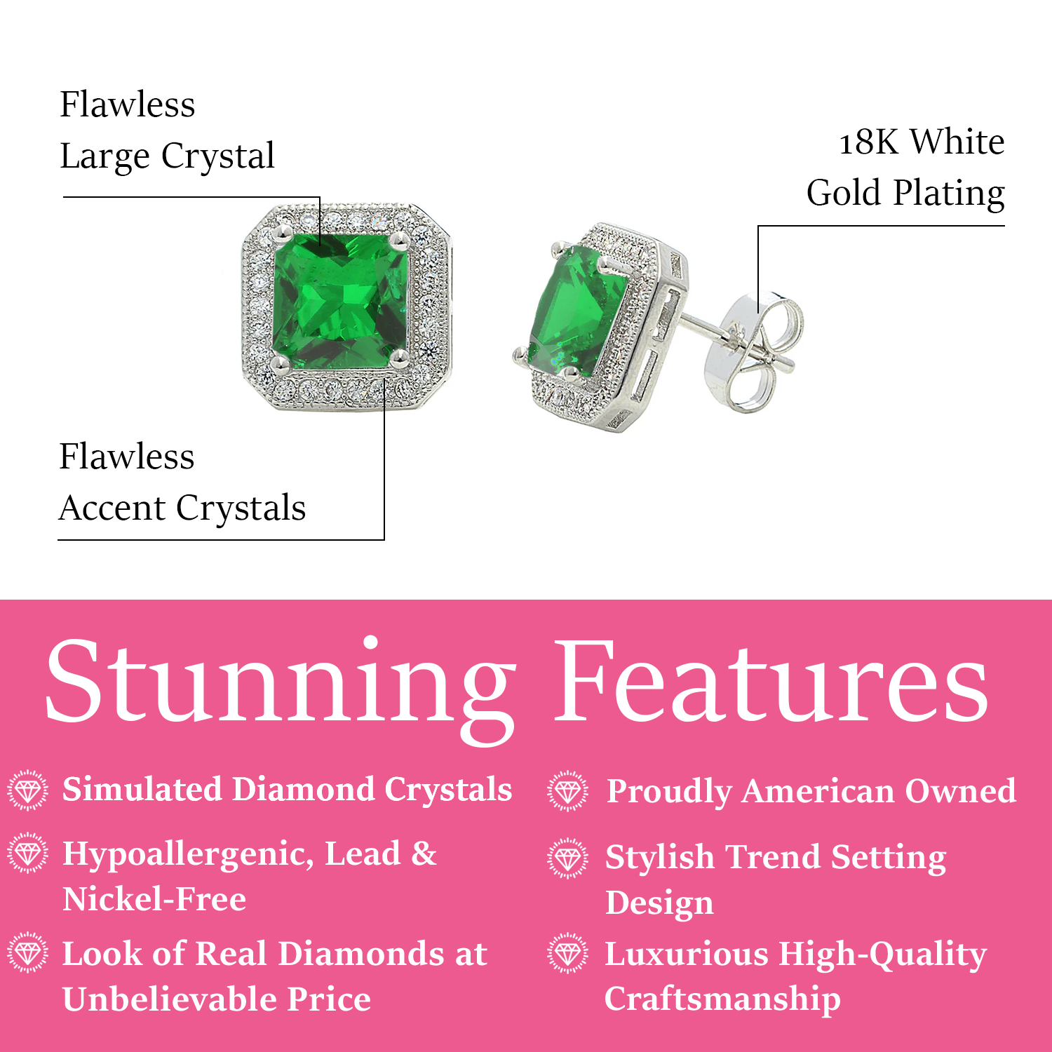 Londyn 18k White Gold Plated Princess Cut Halo Stud Earrings with Simulated Diamond Crystals — Final Sale