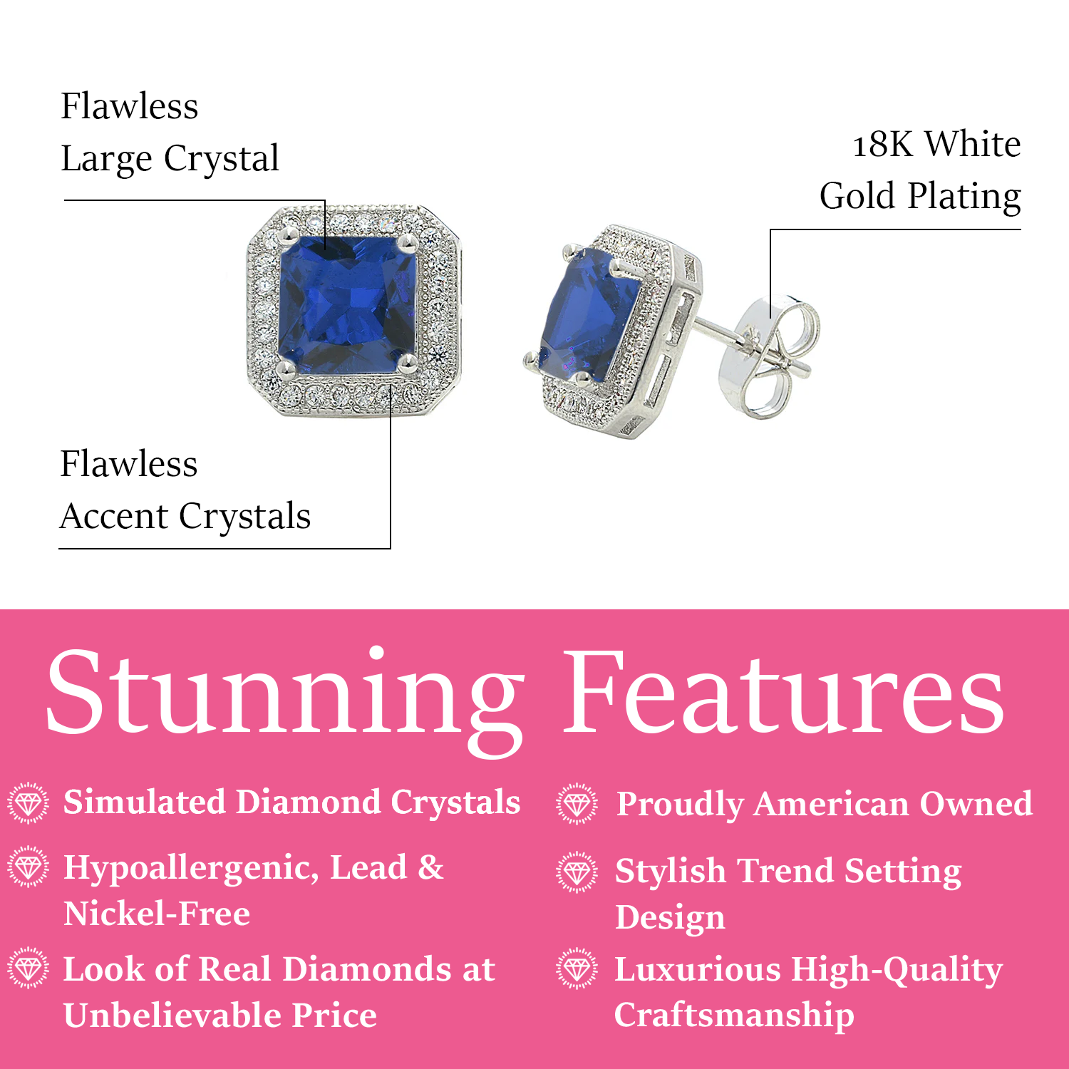 Londyn 18k White Gold Plated Princess Cut Halo Stud Earrings with Simulated Diamond Crystals — Final Sale