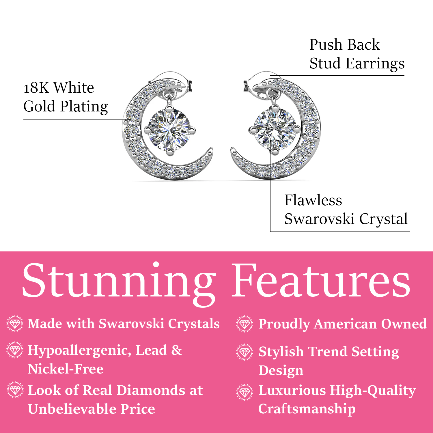 Luna April Birthstone Diamond Earrings 18k White Gold Plated Crescent Stud Earrings with Round Cut Swarovski Crystals