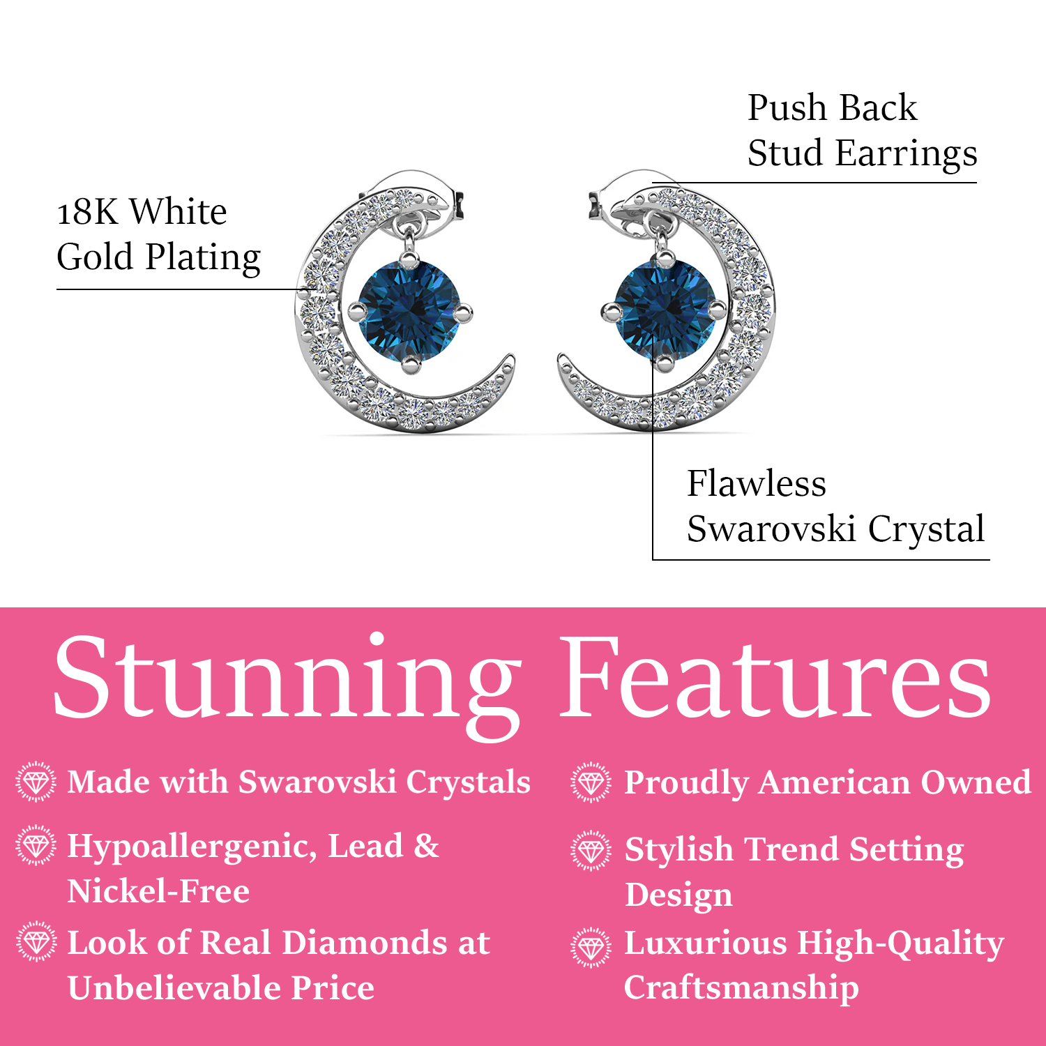 Luna December Birthstone Blue Topaz 18k White Gold Plated Crescent Stud Earrings with Round Cut Swarovski Crystals