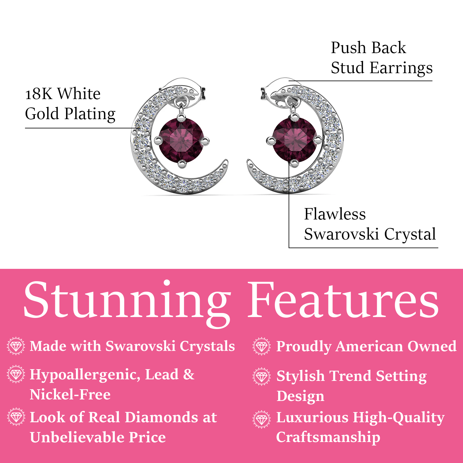 Luna February Birthstone Amethyst Earrings 18k White Gold Plated Crescent Stud Earrings with Round Cut Swarovski Crystals