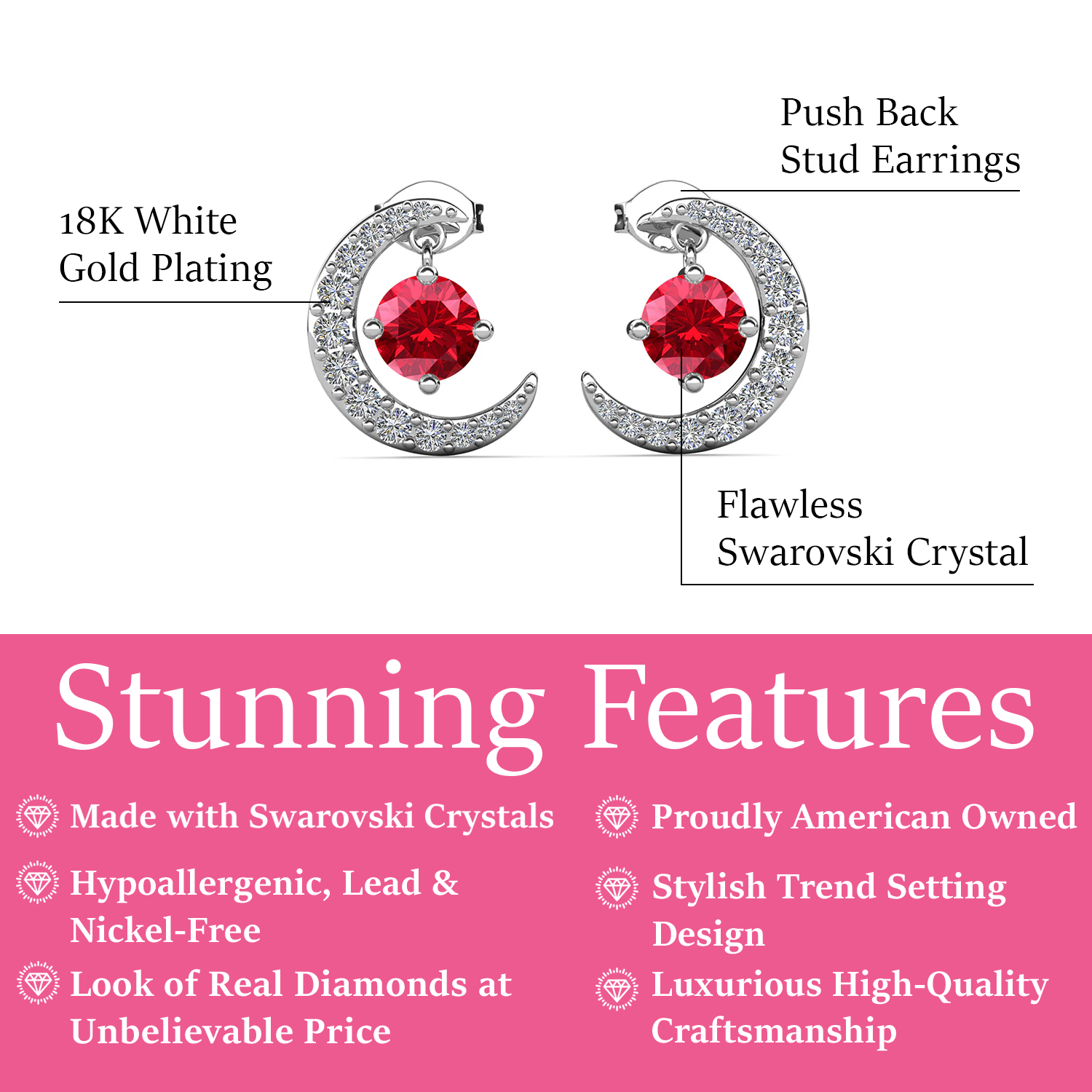 Luna July Birthstone Ruby Earrings 18k White Gold Plated Crescent Stud Earrings with Round Cut Swarovski Crystals