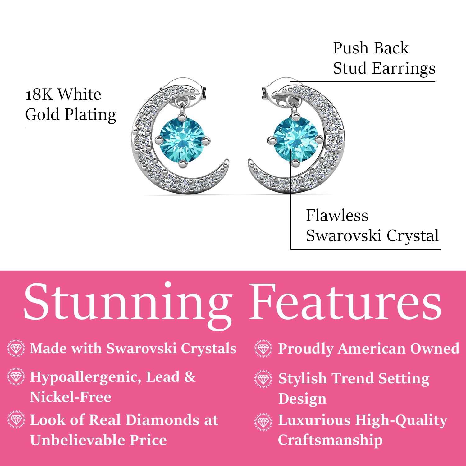 Luna March Birthstone Aquamarine Earrings 18k White Gold Plated Crescent Stud Earrings with Round Cut Swarovski Crystals