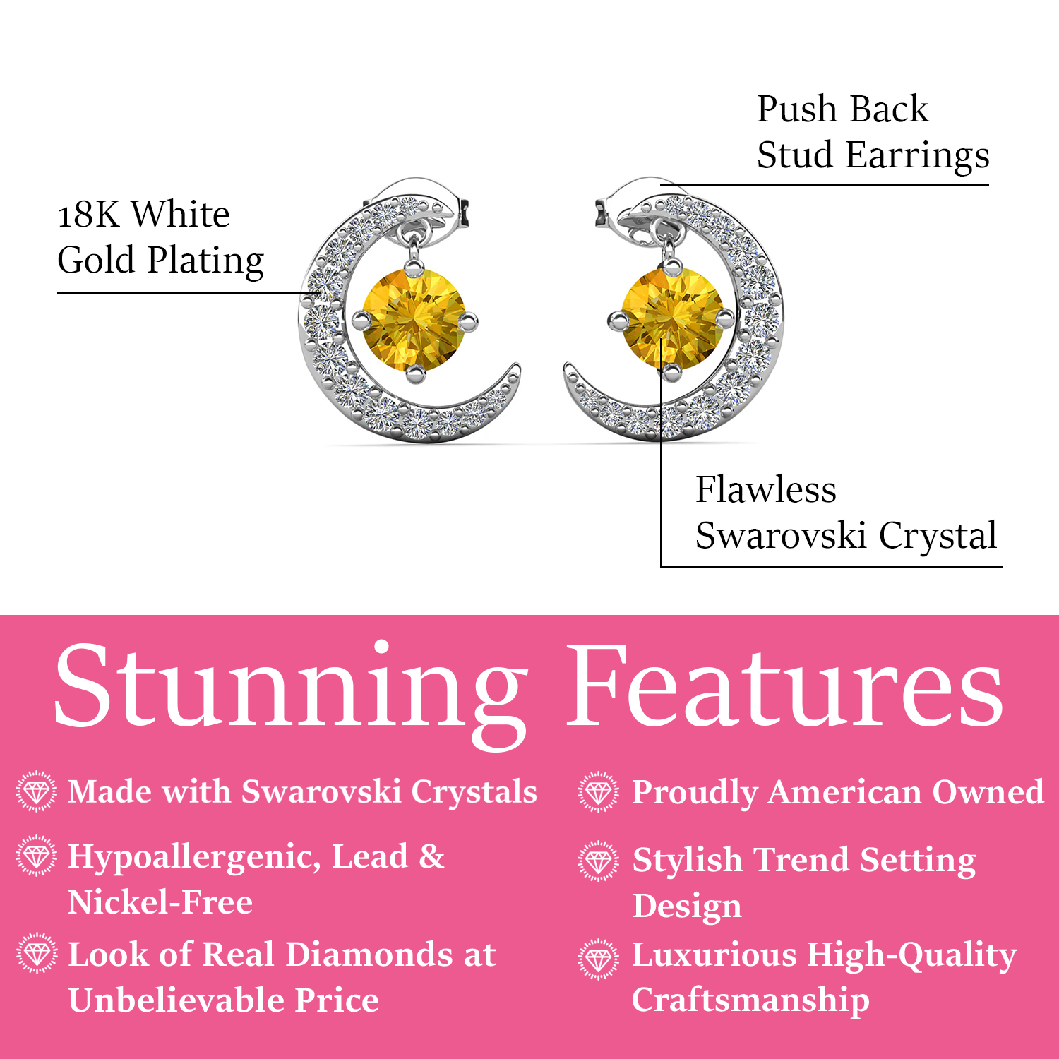 Luna  November Birthstone Citrine Earrings 18k White Gold Plated Crescent Stud Earrings with Round Cut Swarovski Crystals