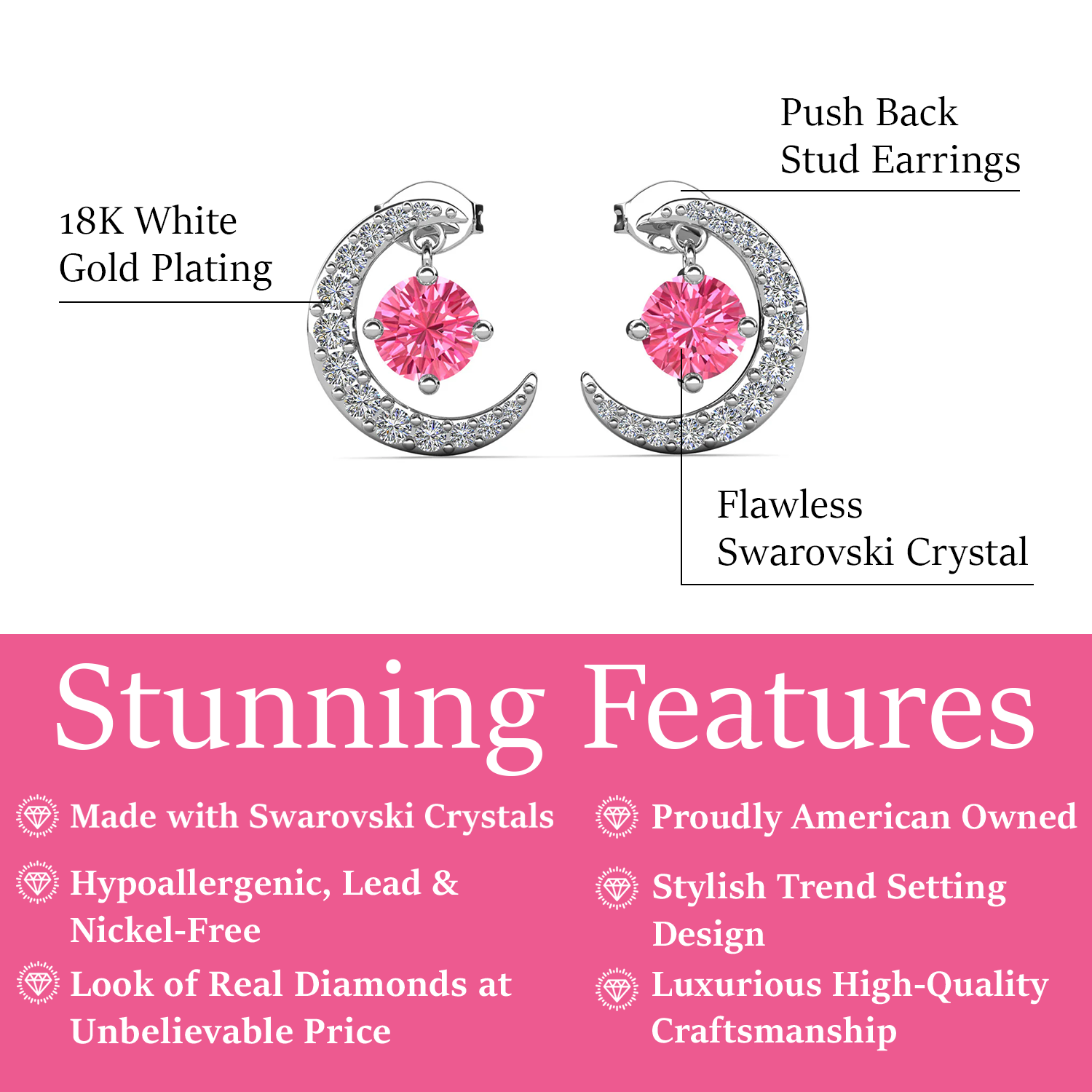 Luna October Birthstone Pink Tourmaline Earrings 18k White Gold Plated Crescent Stud Earrings with Round Cut Swarovski Crystals