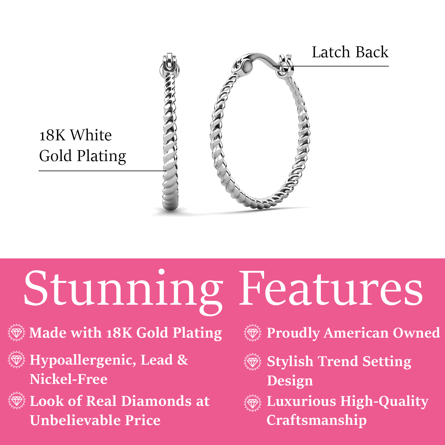Matilda 18k White Gold Plated 25mm Twisted Hoop Earrings